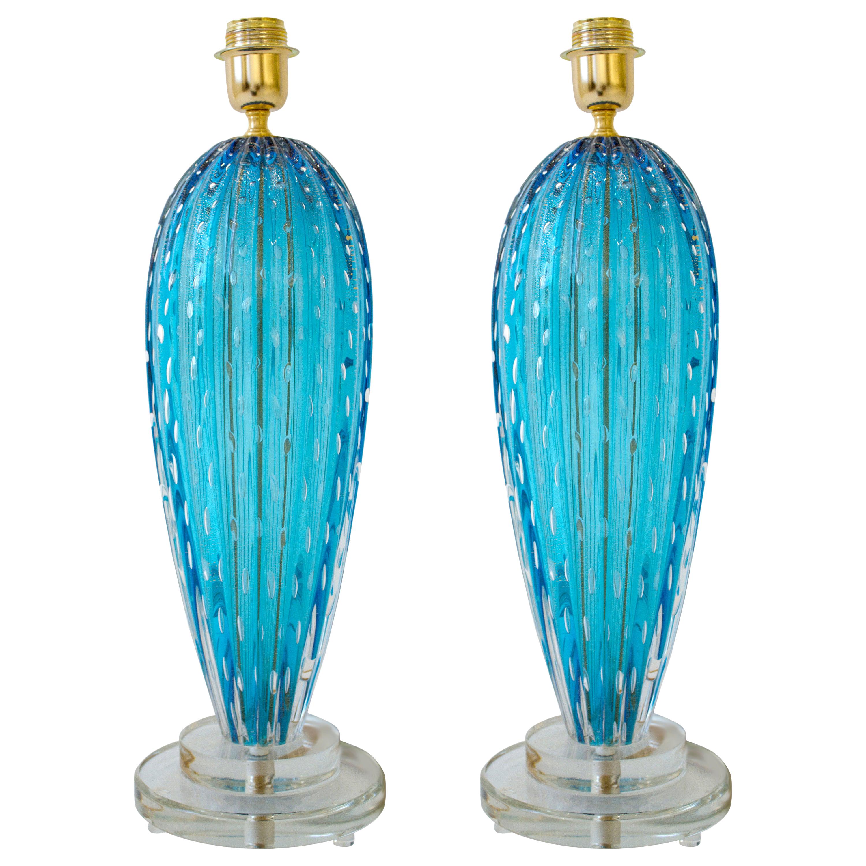 Pair of Aquamarine Blue or Blue Topaz Murano Glass Lamps, Italy, Signed