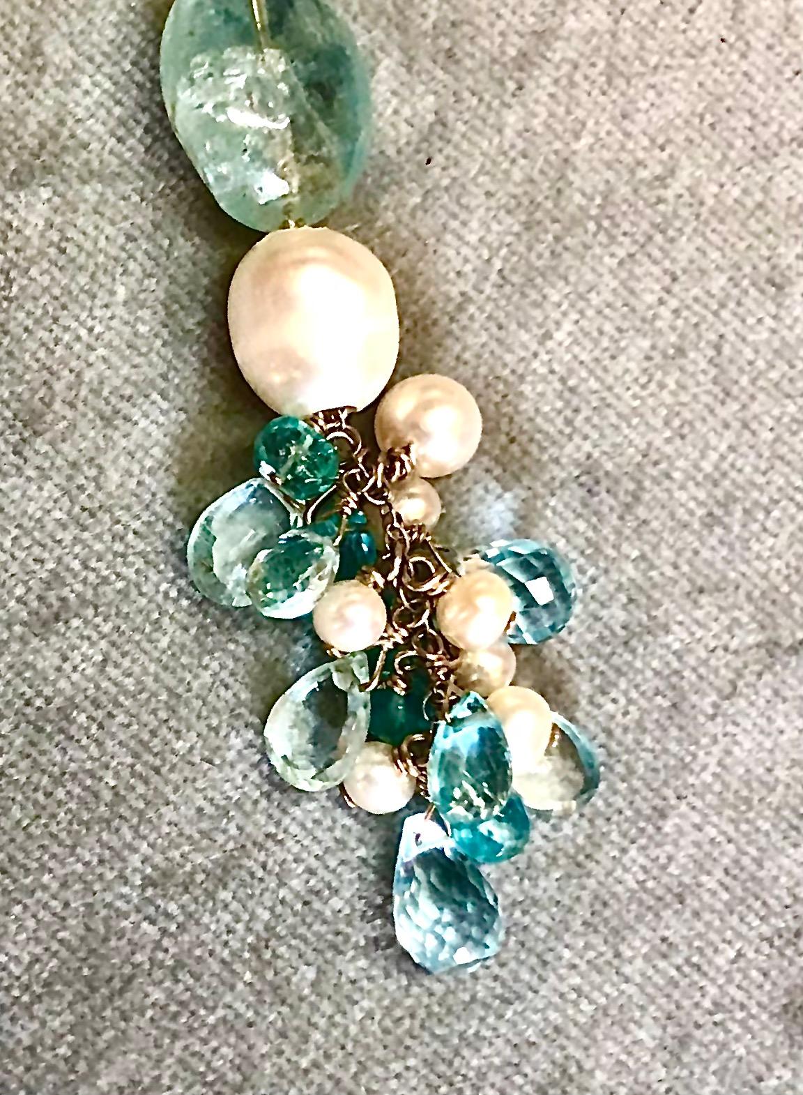 Pair of aquamarine earrings with white freshwater pearls and 14kt white gold In New Condition For Sale In New Orleans, LA