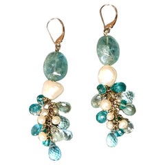 Pair of aquamarine earrings with white freshwater pearls and 14kt white gold