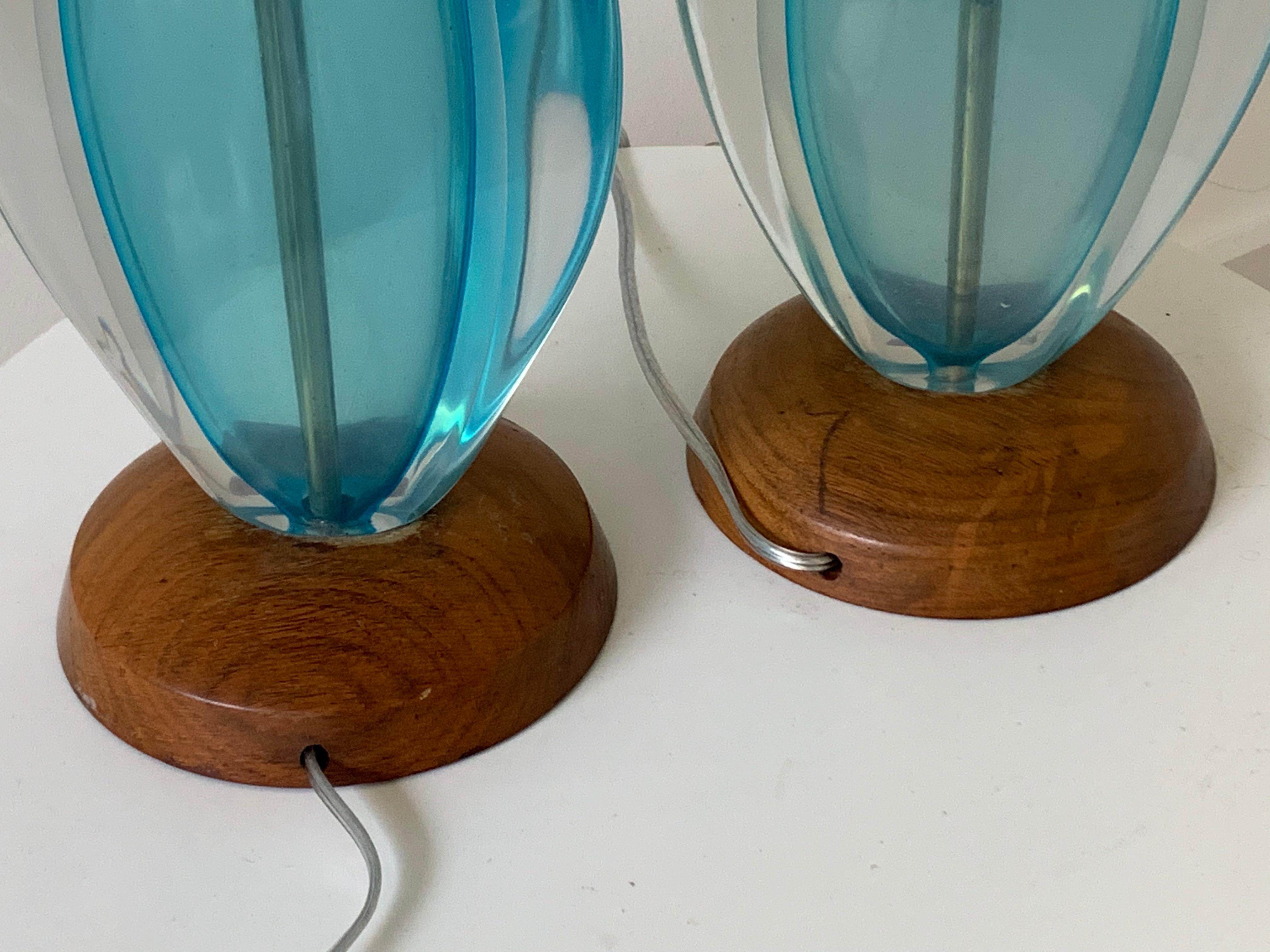 Italian Pair of Aquamarine Murano Table Lamps For Sale