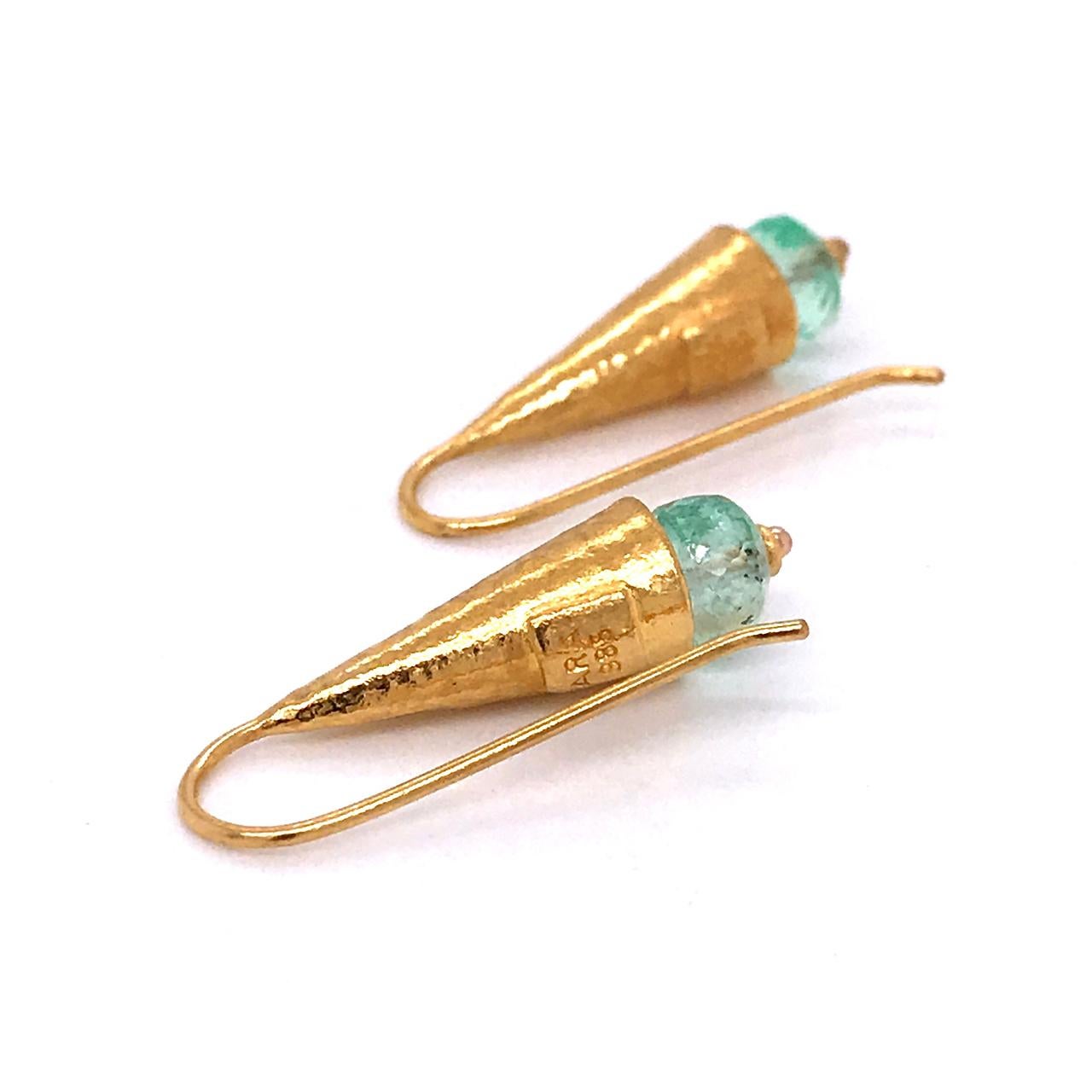 Pair of ARA Archaeological Revival High Karat Gold and Emerald Earrings In Good Condition For Sale In Philadelphia, PA