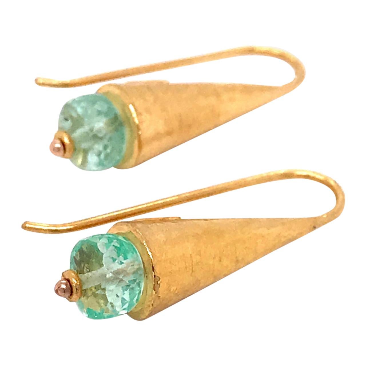 Pair of ARA Archaeological Revival High Karat Gold and Emerald Earrings For Sale