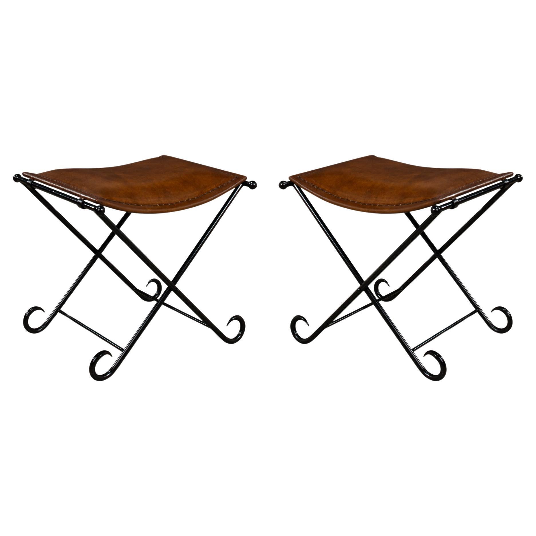 Pair of Arabesque Leather Stools For Sale