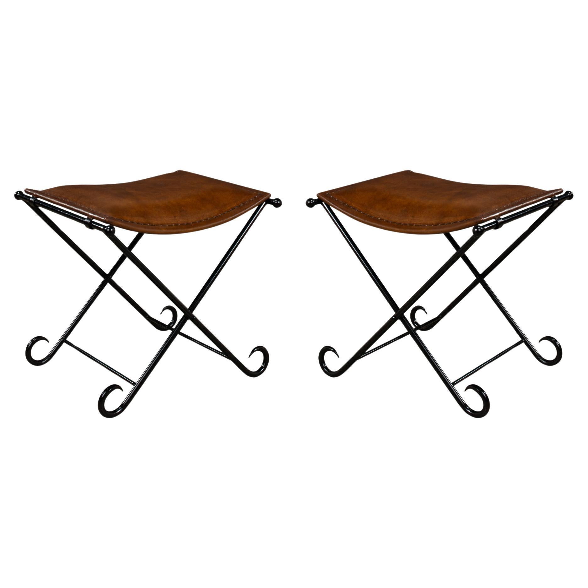 Pair of Arabesque Leather Stools