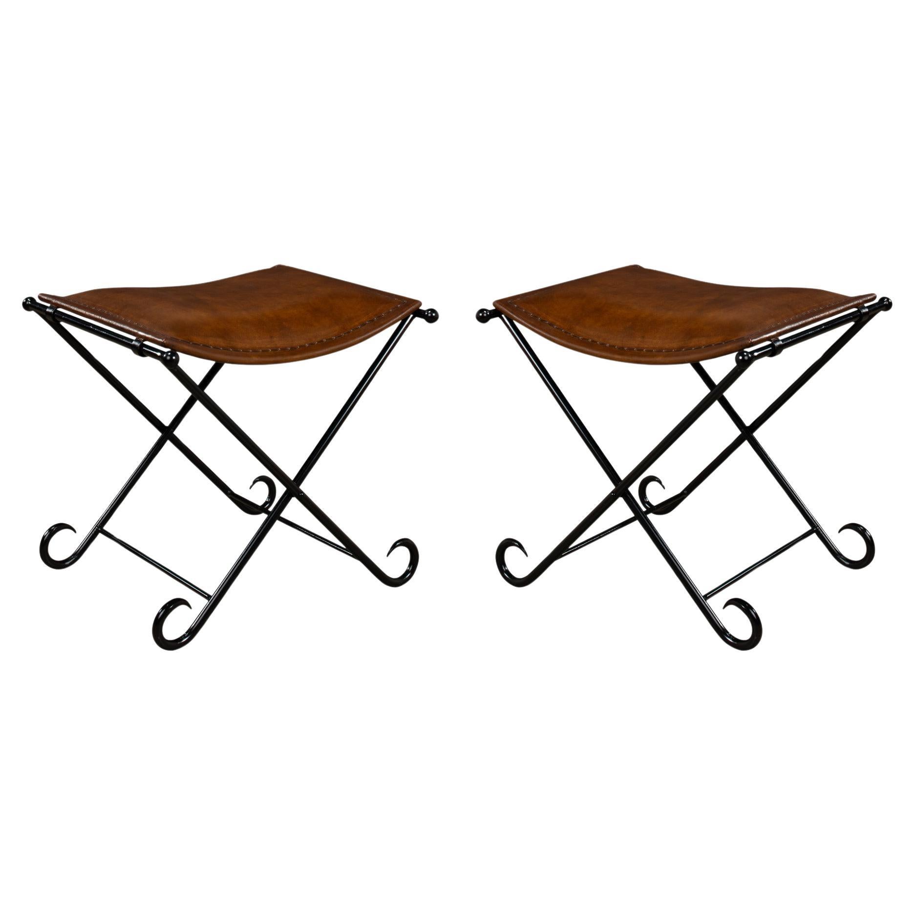 Pair of Arabesque Leather Stools