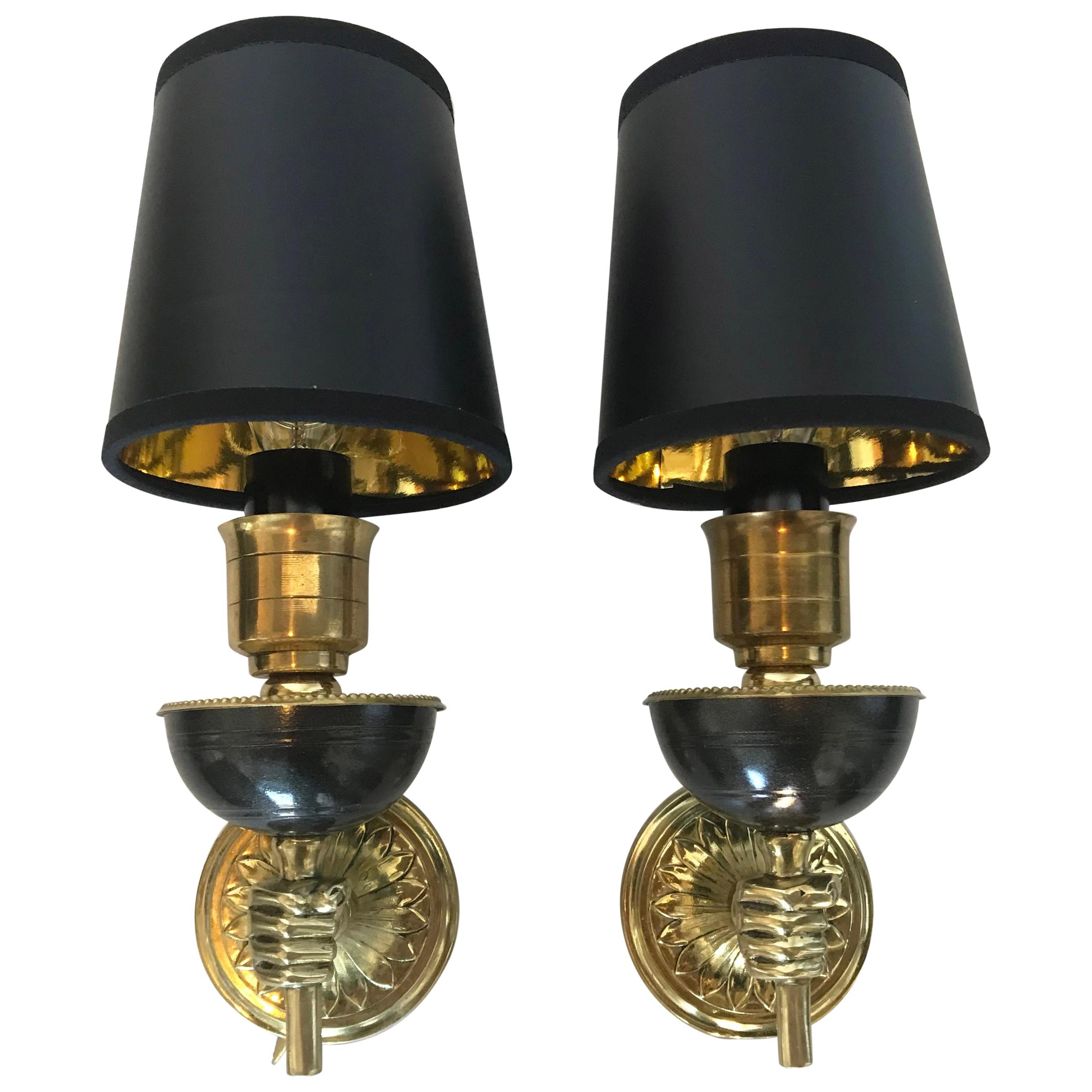 Pair of French Arbus  Style Brass  Sconces , 3 Pairs Available, 