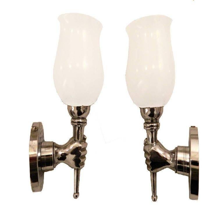 Mid-20th Century Pair of Arbus Sconces Nickel Hand Holding Blown Opaline Glass Shade France 1960 For Sale