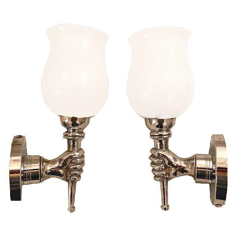 Pair of Arbus Sconces Nickel Hand Holding Blown Opaline Glass Shade France 1960 For Sale