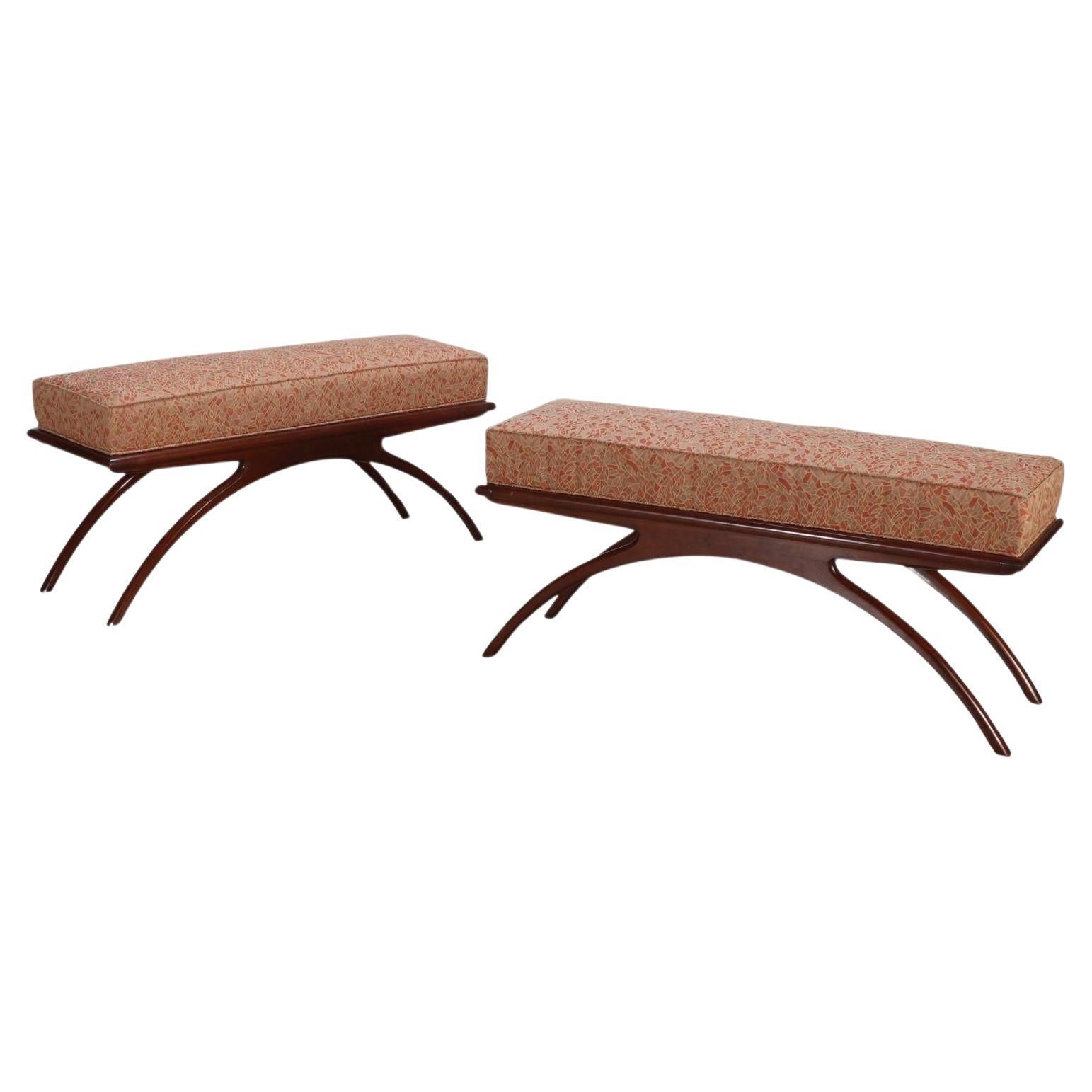 Pair of Arc Benches with Red Abstract Fabric Design For Sale