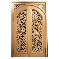 Pair of Arched Italian Doors and Surround, Highly Carved Inset Panels, C. 1950's