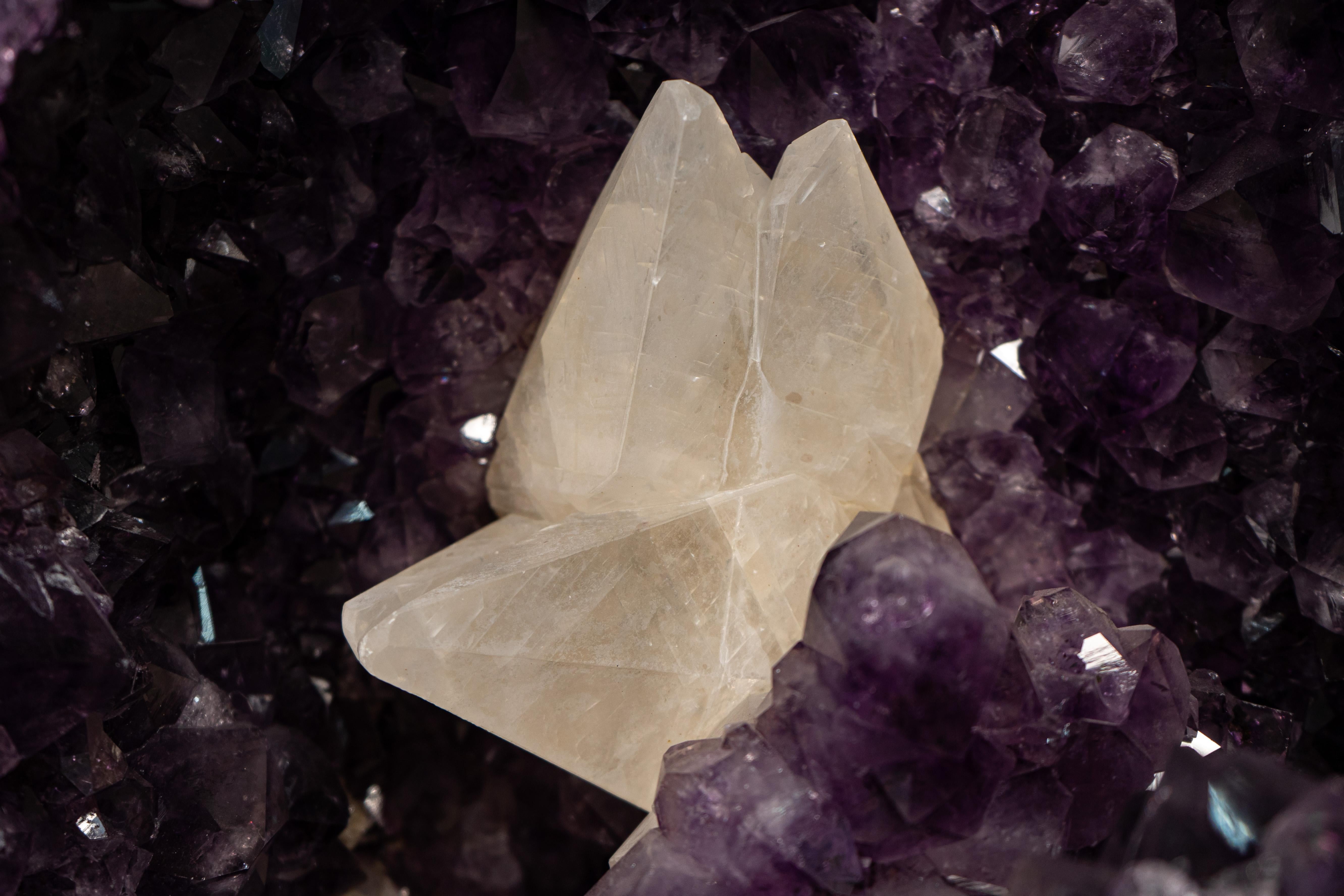 Contemporary Pair of Arched Purple Amethyst Cathedral Geodes with Large Calcite For Sale