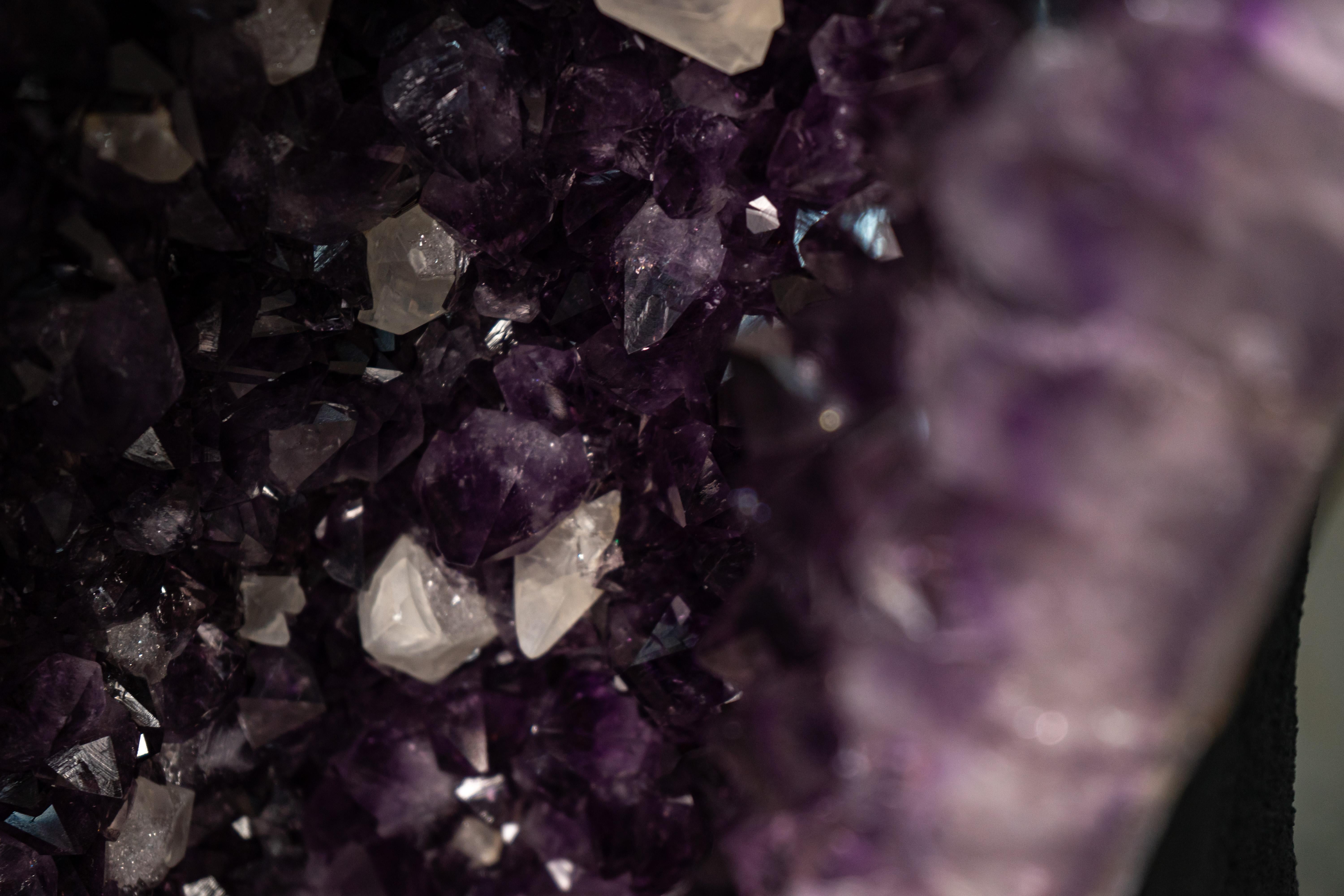 Crystal Pair of Arched Purple Amethyst Cathedral Geodes with Large Calcite For Sale