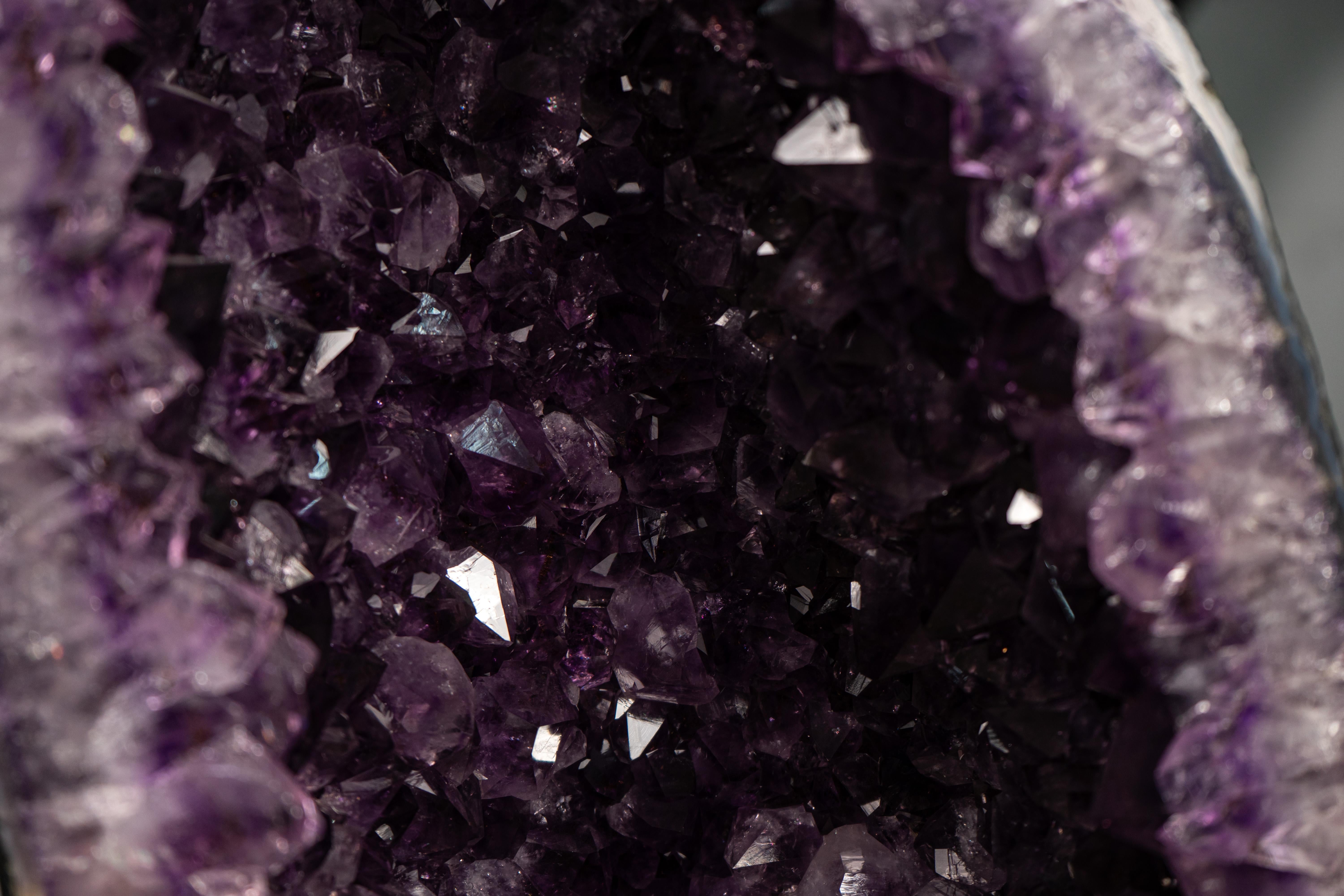 Pair of Arched Purple Amethyst Cathedral Geodes with Large Calcite For Sale 1
