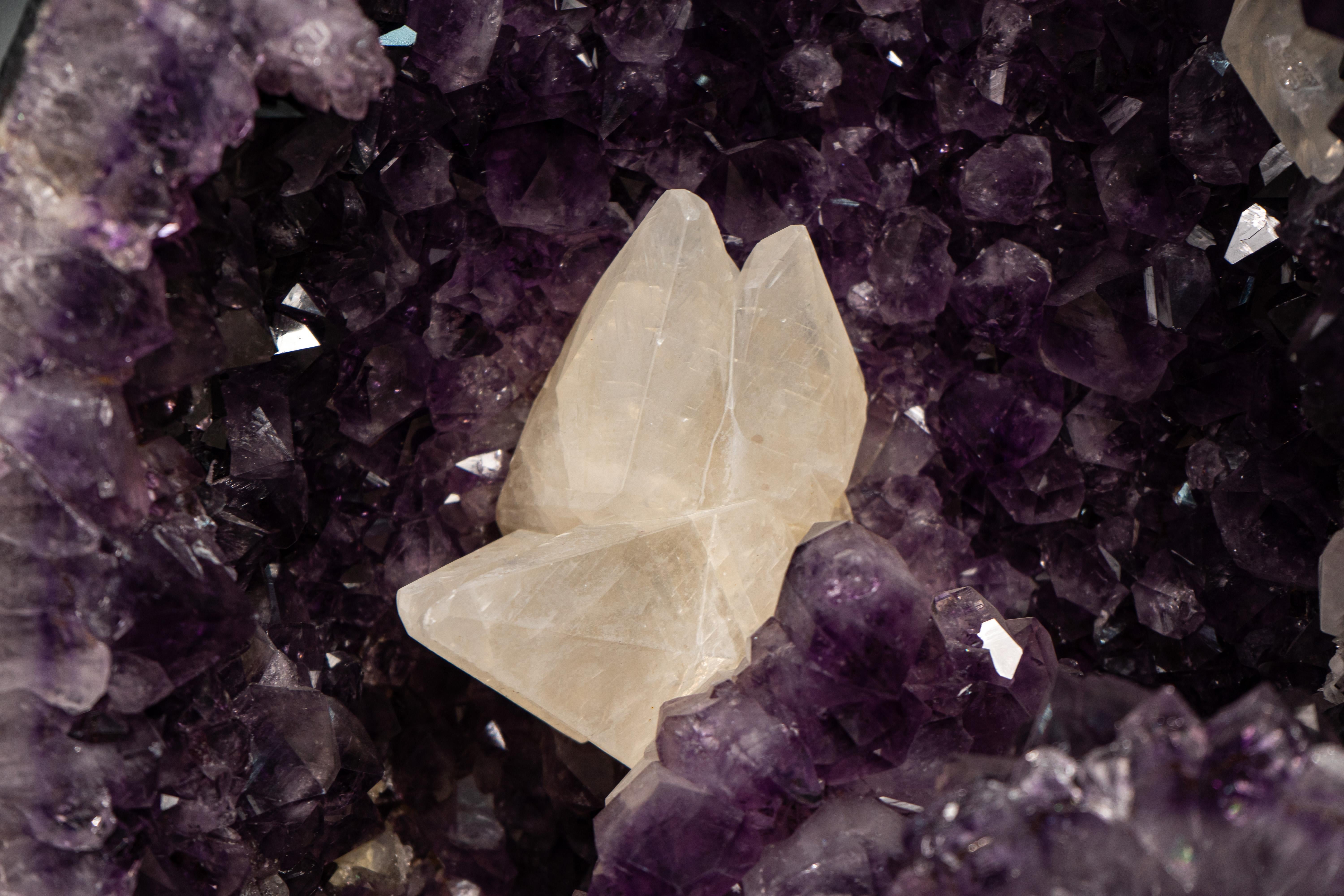 Pair of Arched Purple Amethyst Cathedral Geodes with Large Calcite For Sale 2