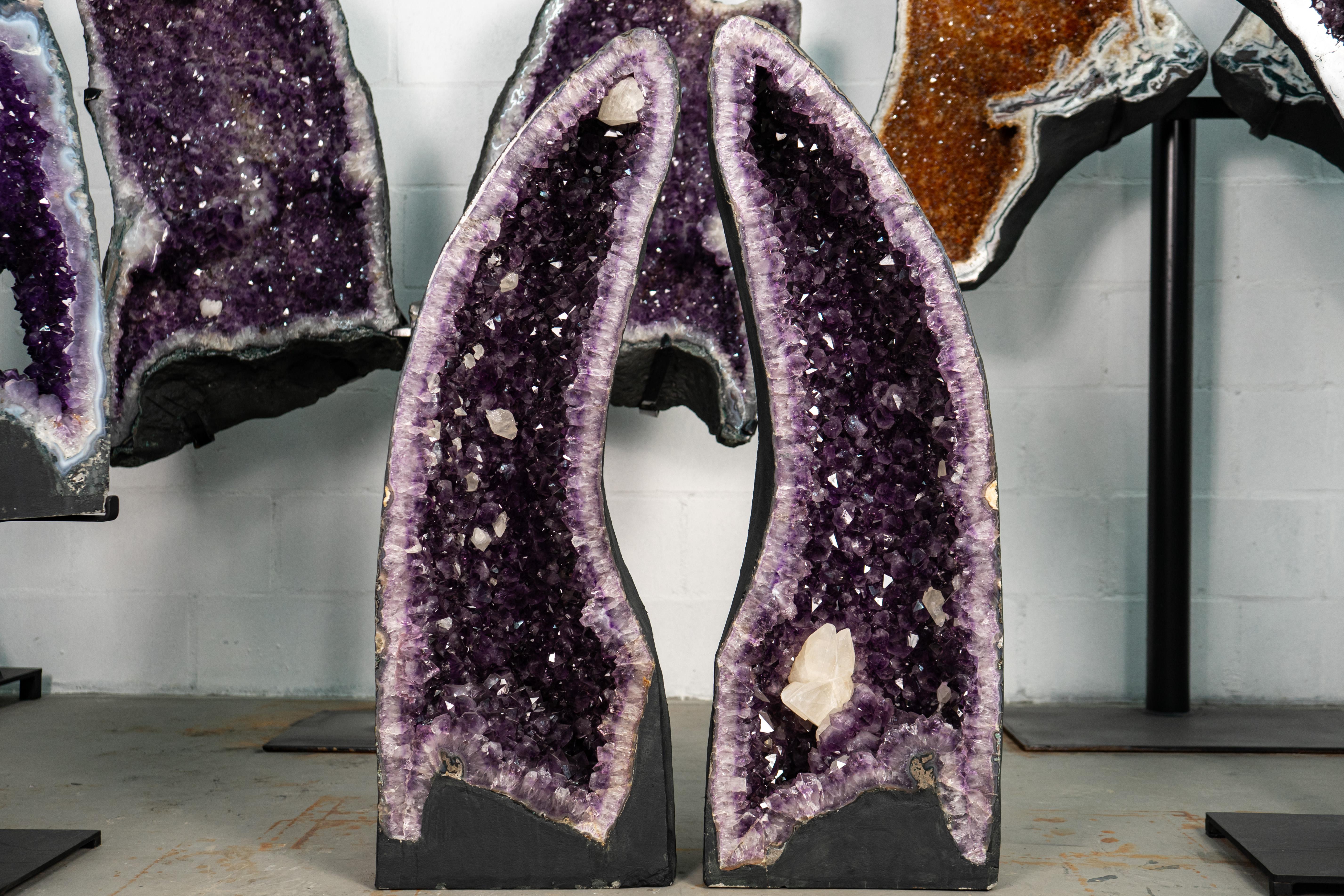 Pair of Arched Purple Amethyst Cathedral Geodes with Large Calcite For Sale 3