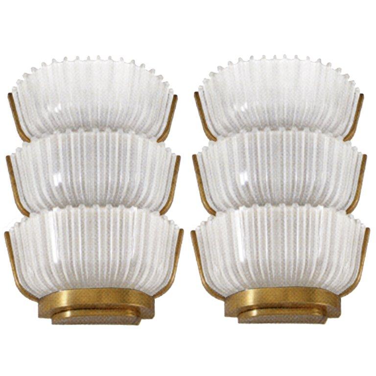 A large pair of three tiered fluted glass sconces with gilt bronze frames by Archimede Seguso, Italian C. 1940's