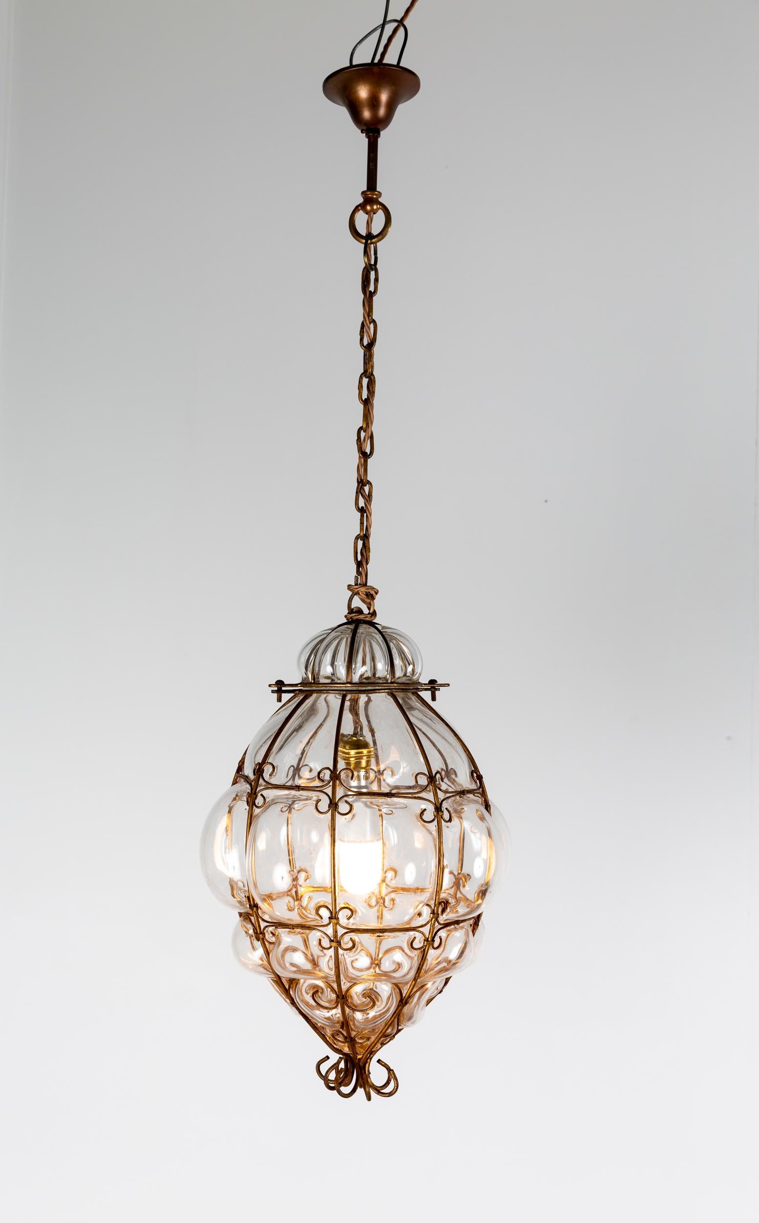 Italian Pair of Archimede Seguso Murano Caged Glass Pendant Lights For Sale