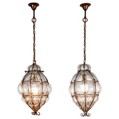 Pair of Archimede Seguso Murano Caged Glass Pendant Lights