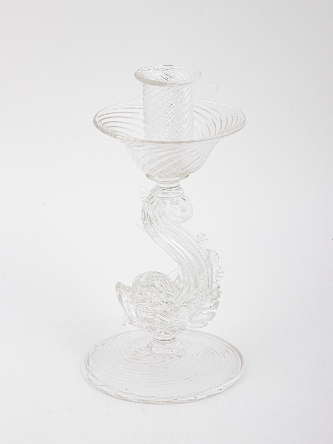 Pair of Archimede Seguso Murano Clear Candlesticks with Dolphins 5