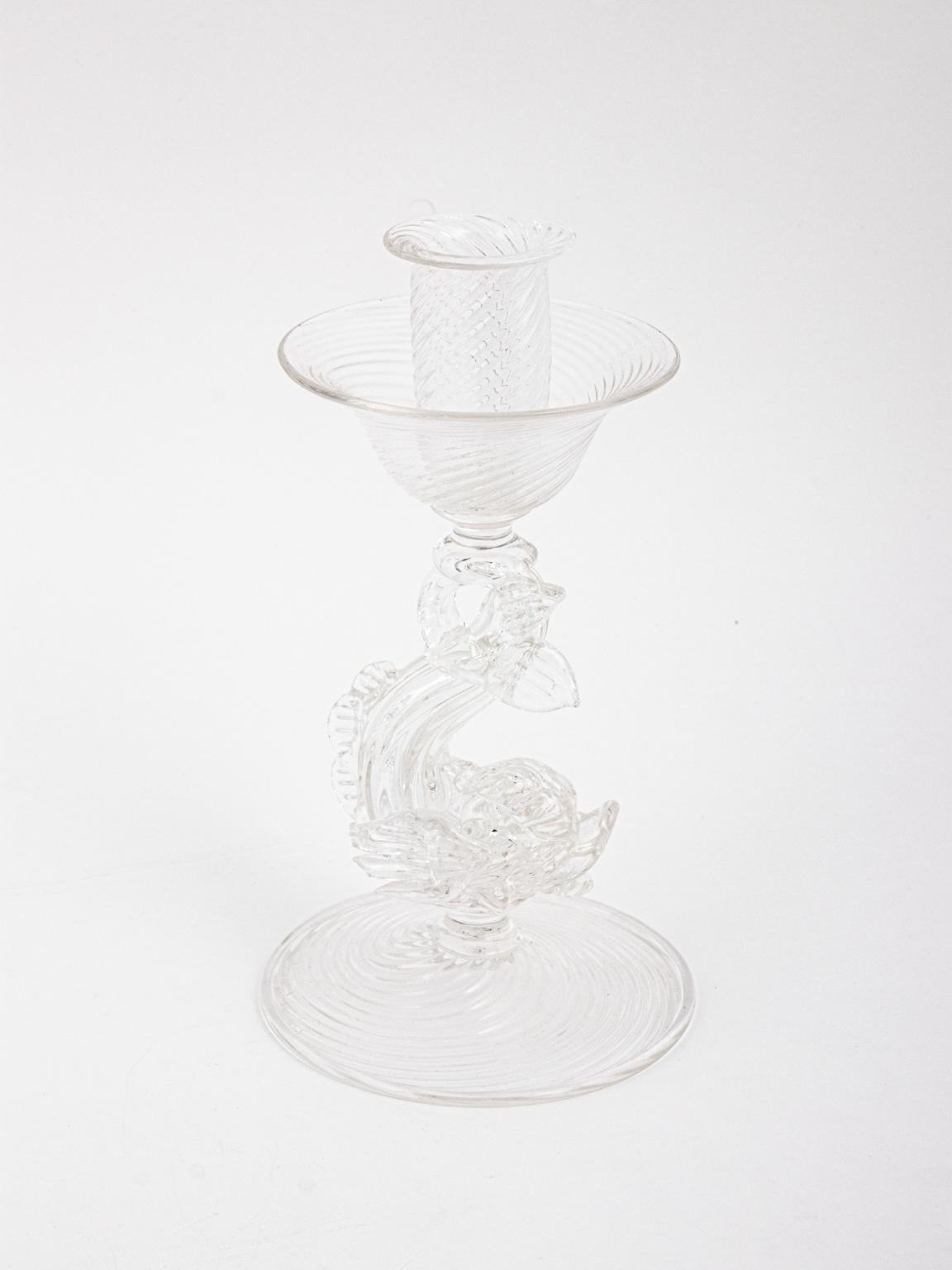 Pair of Archimede Seguso Murano Clear Candlesticks with Dolphins 6