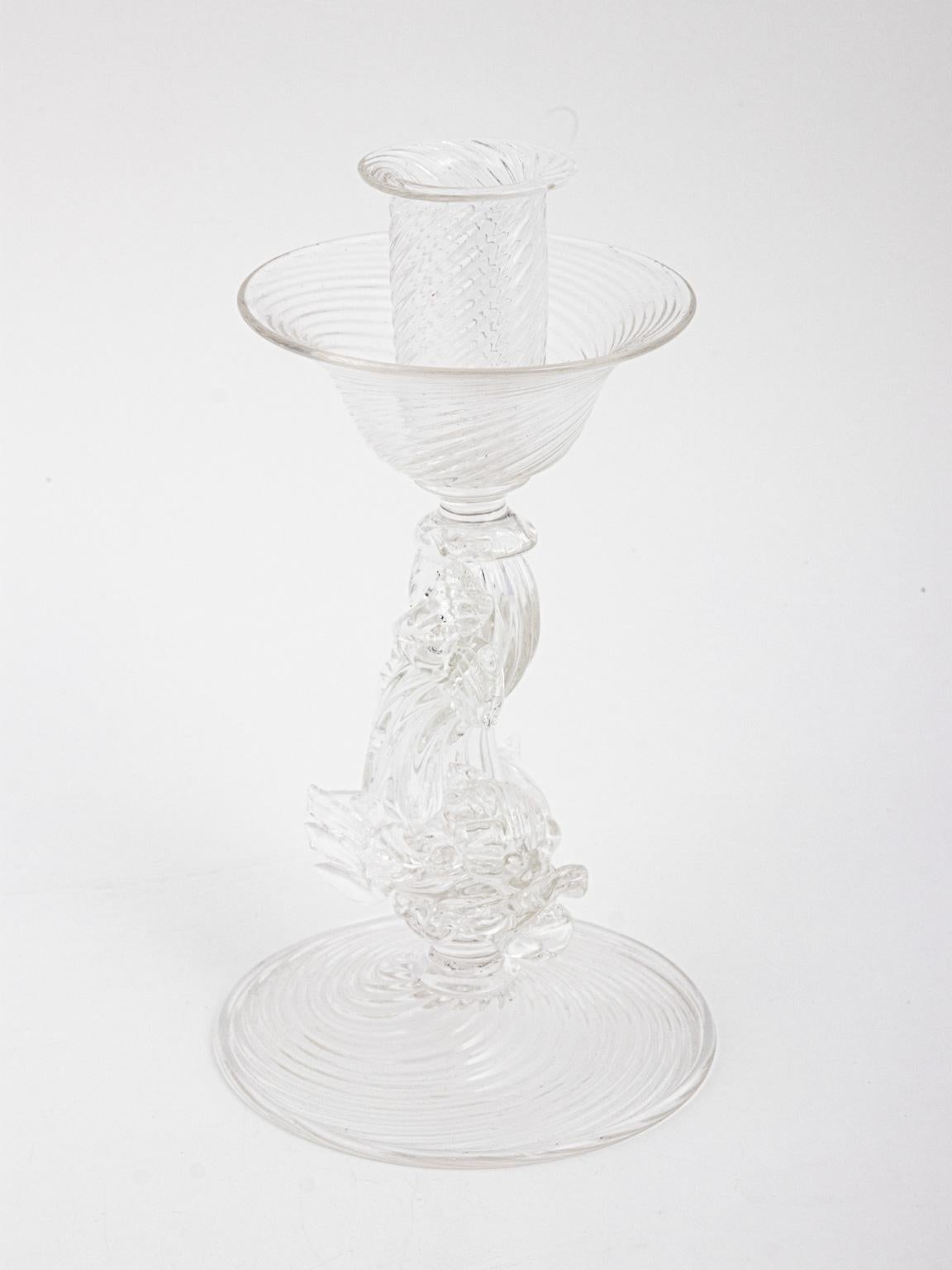 Pair of Archimede Seguso Murano Clear Candlesticks with Dolphins 8