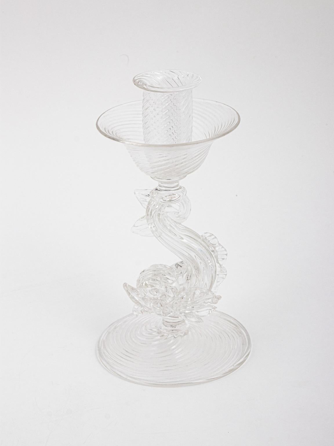 Pair of Archimede Seguso Murano Clear Candlesticks with Dolphins 10