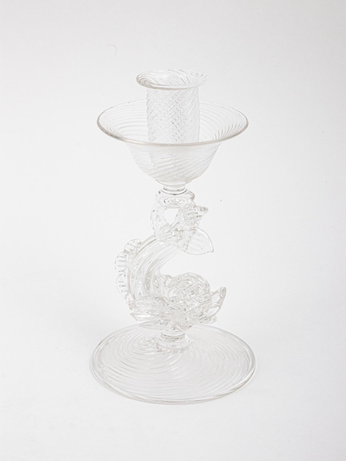 Pair of Archimede Seguso Murano Clear Candlesticks with Dolphins In Good Condition In Stamford, CT