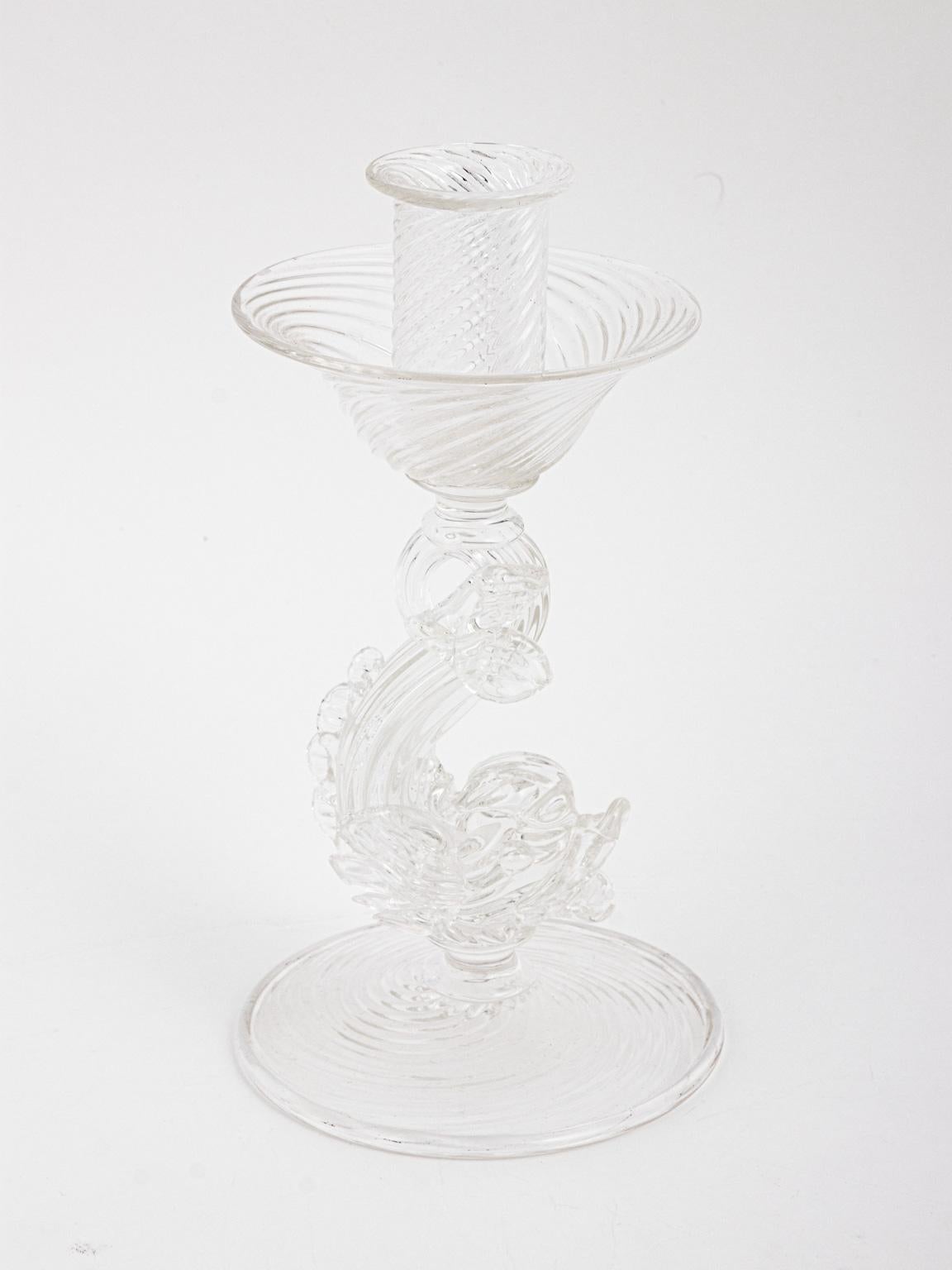 Glass Pair of Archimede Seguso Murano Clear Candlesticks with Dolphins