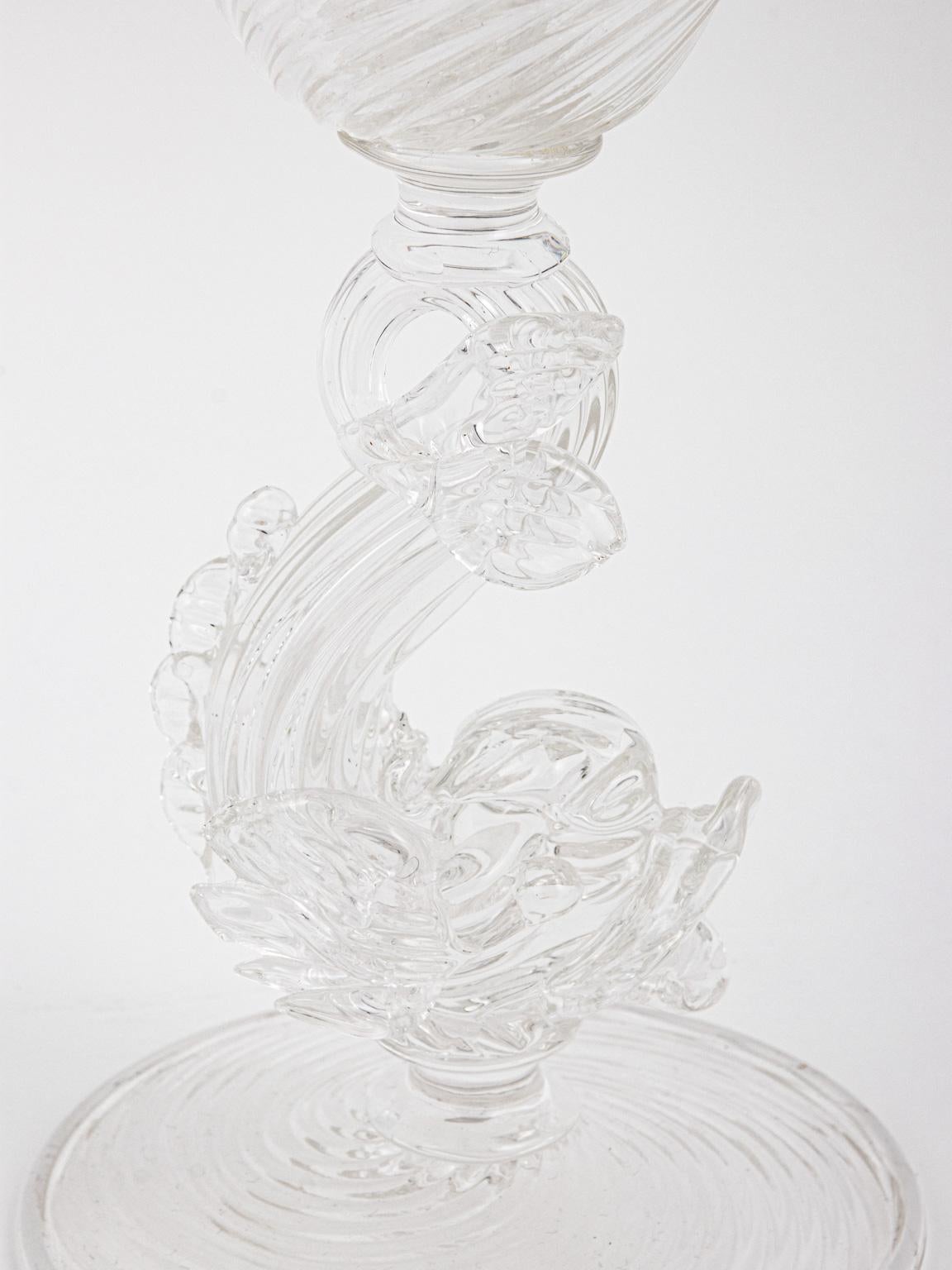 Pair of Archimede Seguso Murano Clear Candlesticks with Dolphins 1