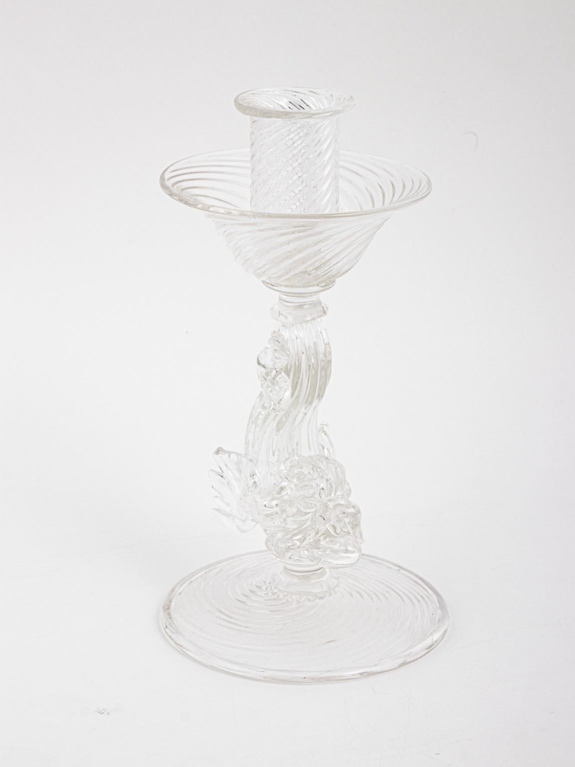 Pair of Archimede Seguso Murano Clear Candlesticks with Dolphins 3