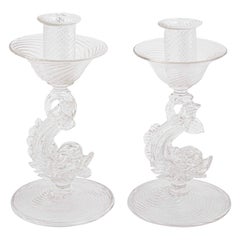 Pair of Archimede Seguso Murano Clear Candlesticks with Dolphins
