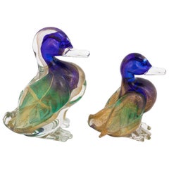 Coppia di statuette di anatra Bullicante di Archimede Seguso in vetro di Murano Flavio Poli