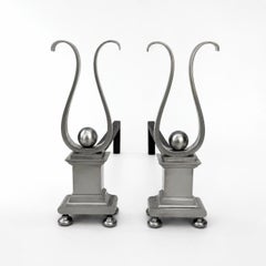 Pair of Architectural Andirons, Patinated Metal