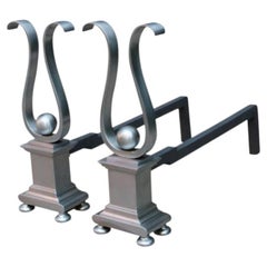 Pair of Architectural Andirons, Patinated Metal