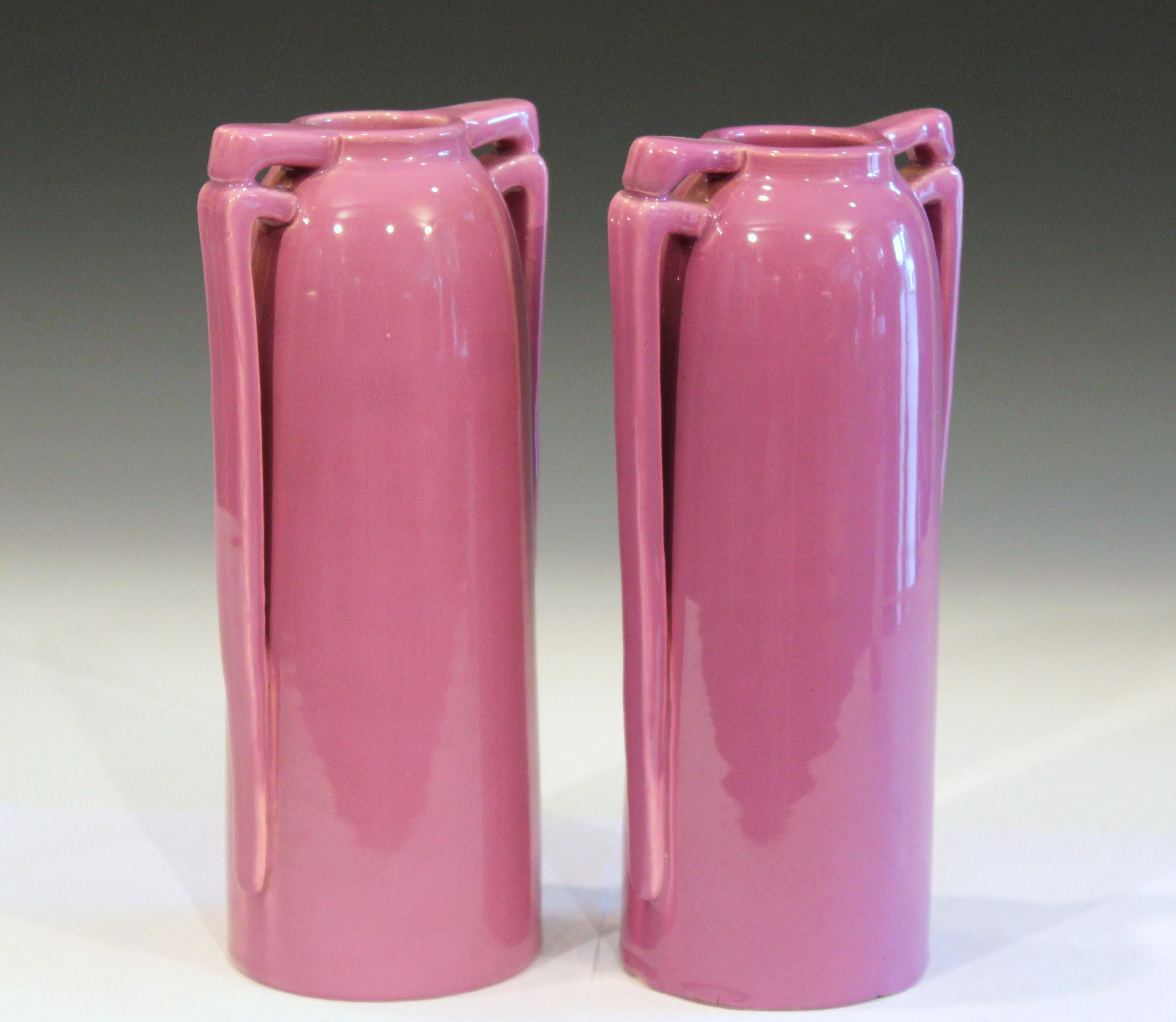 Japanese Pair of Architectural Awaji Art Deco Pink Garniture Vases