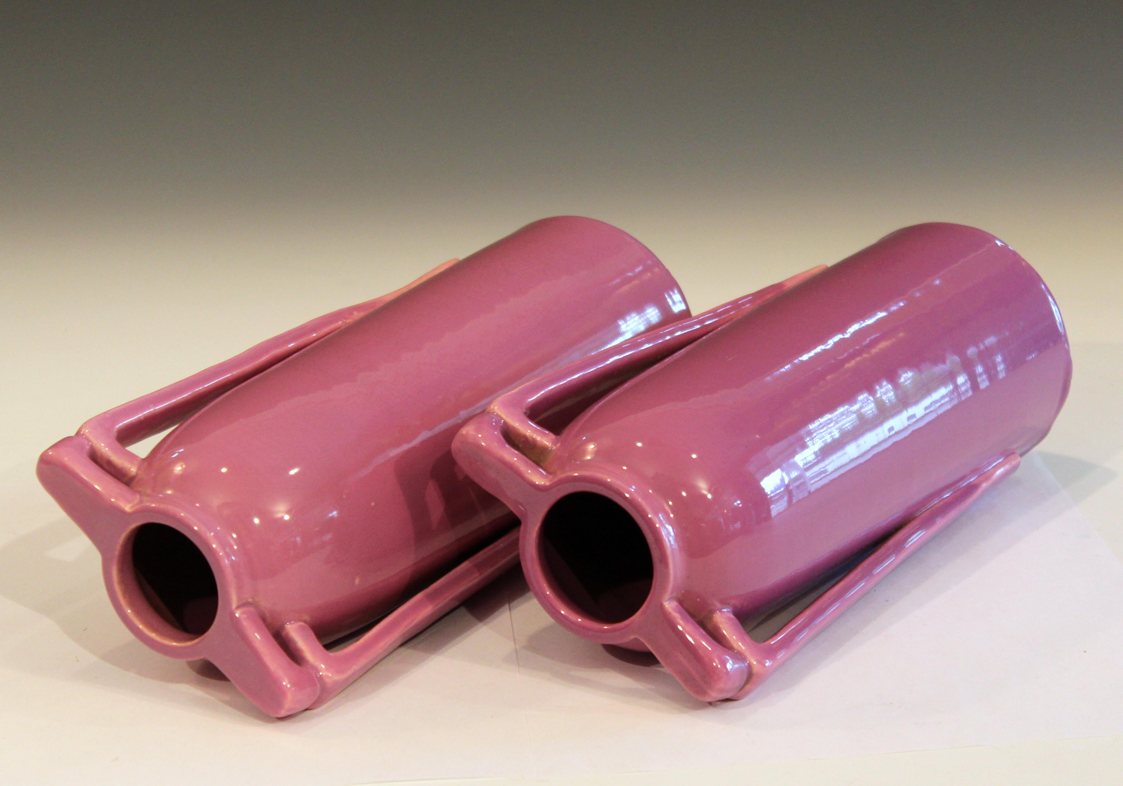 Turned Pair of Architectural Awaji Art Deco Pink Garniture Vases