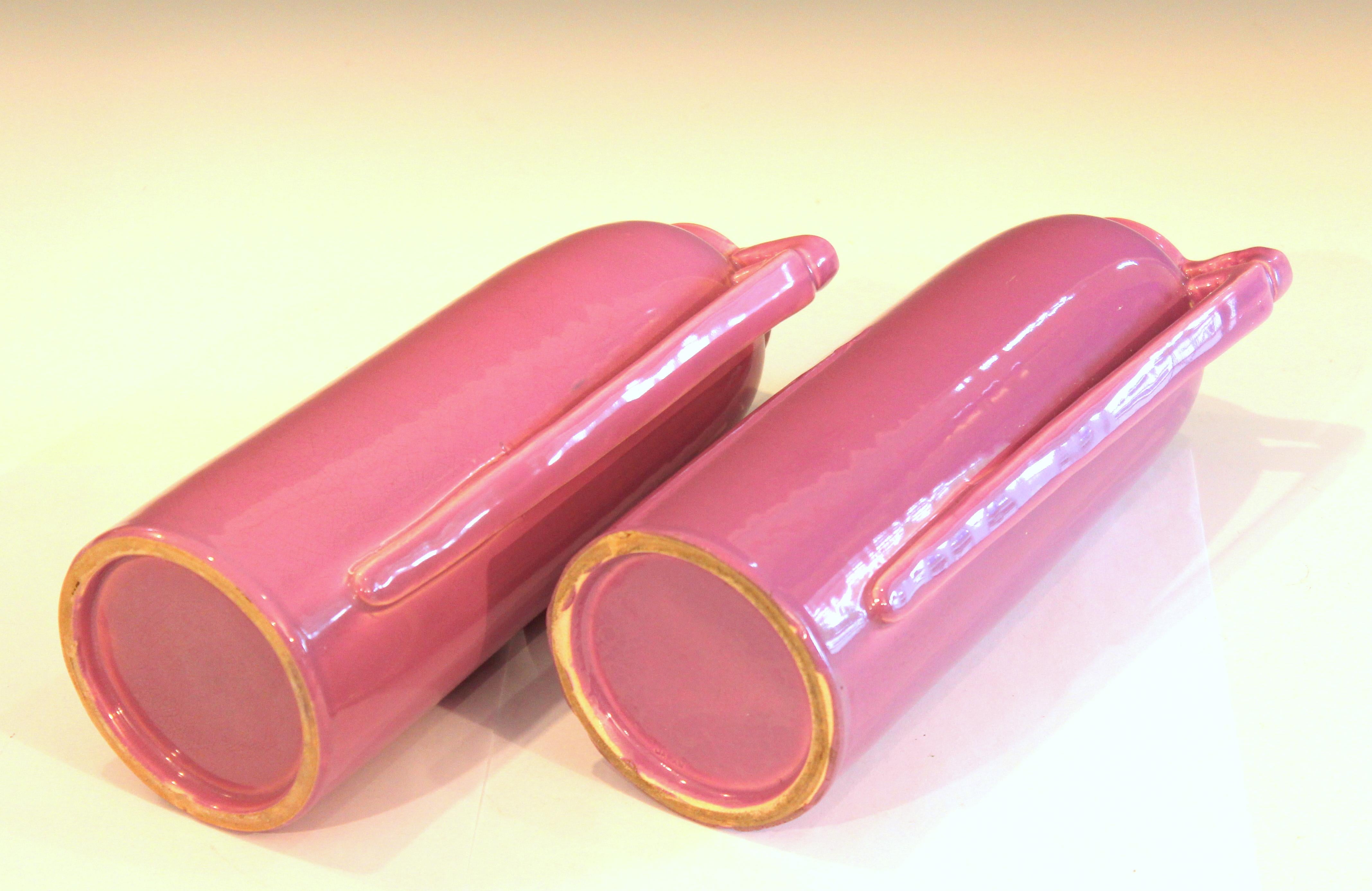 Pair of Architectural Awaji Art Deco Pink Garniture Vases In Excellent Condition In Wilton, CT