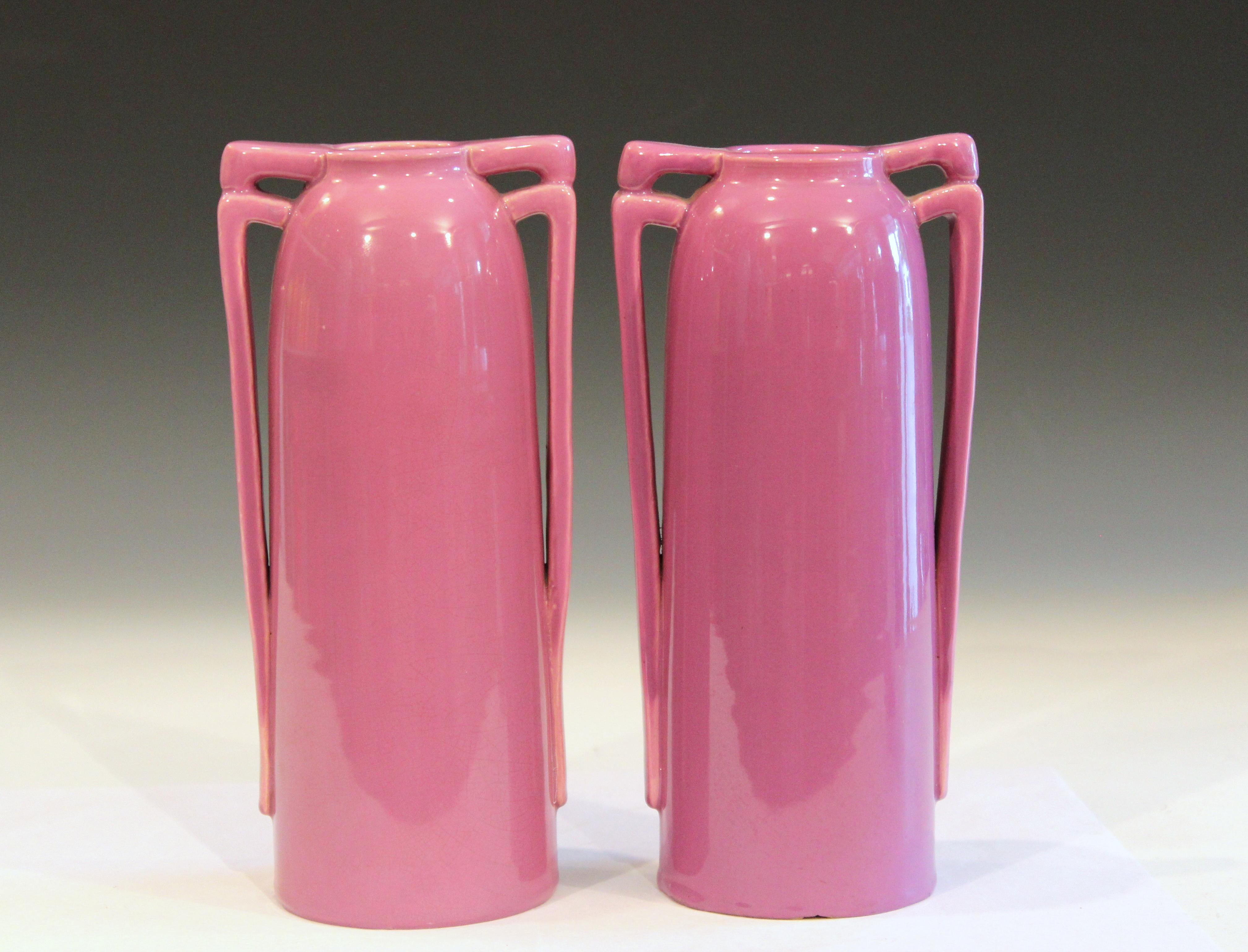 Pottery Pair of Architectural Awaji Art Deco Pink Garniture Vases