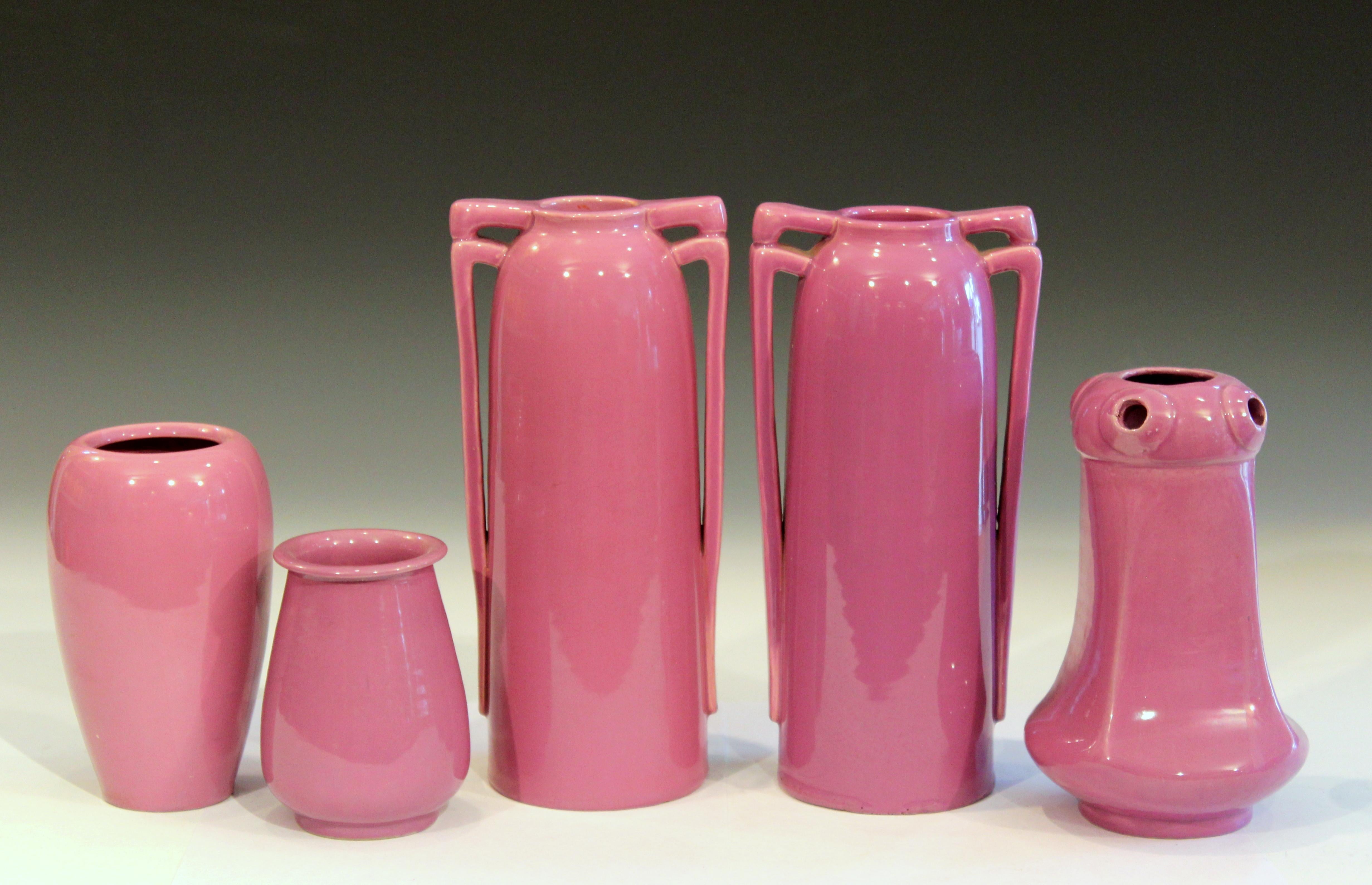 Pair of Architectural Awaji Art Deco Pink Garniture Vases 1