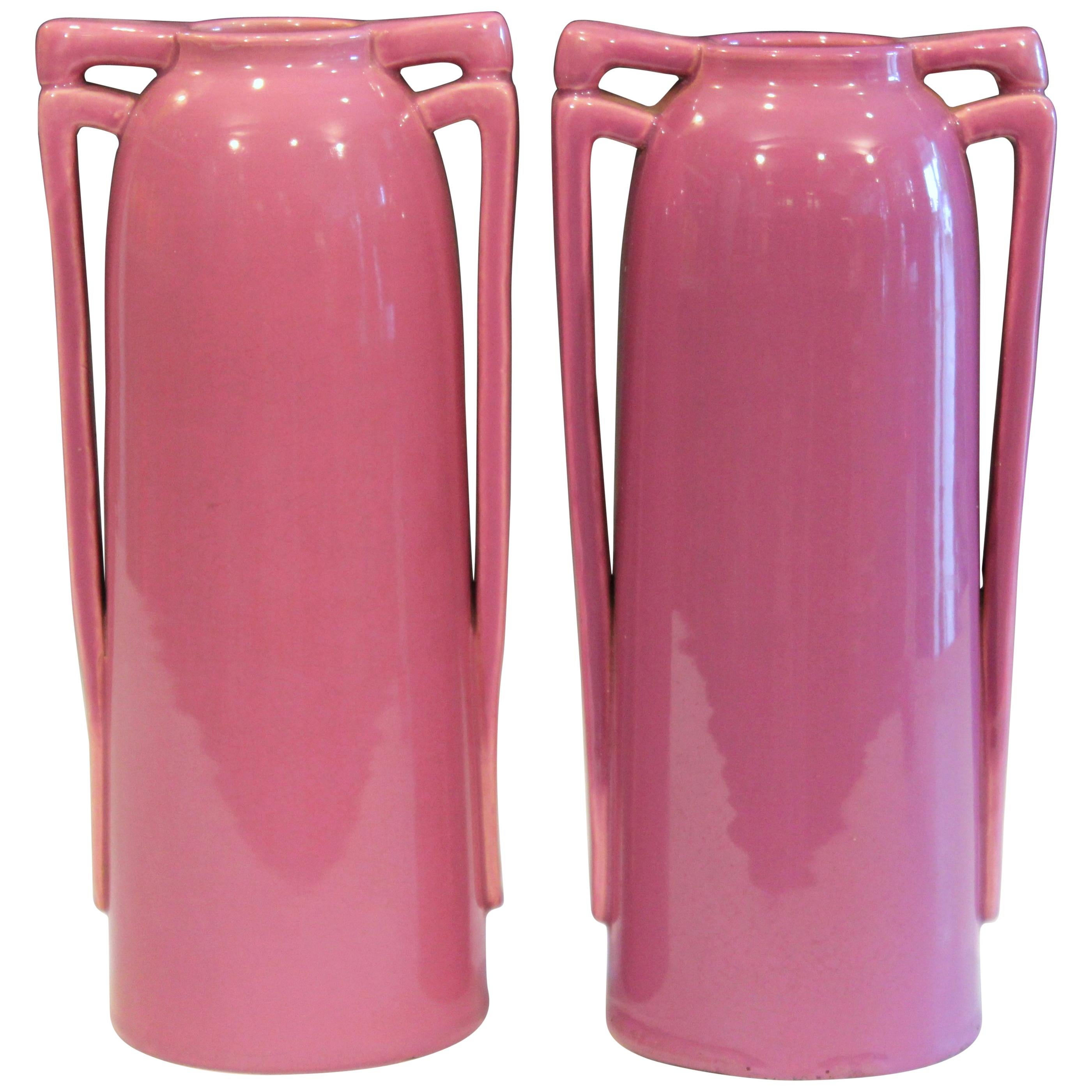 Pair of Architectural Awaji Art Deco Pink Garniture Vases