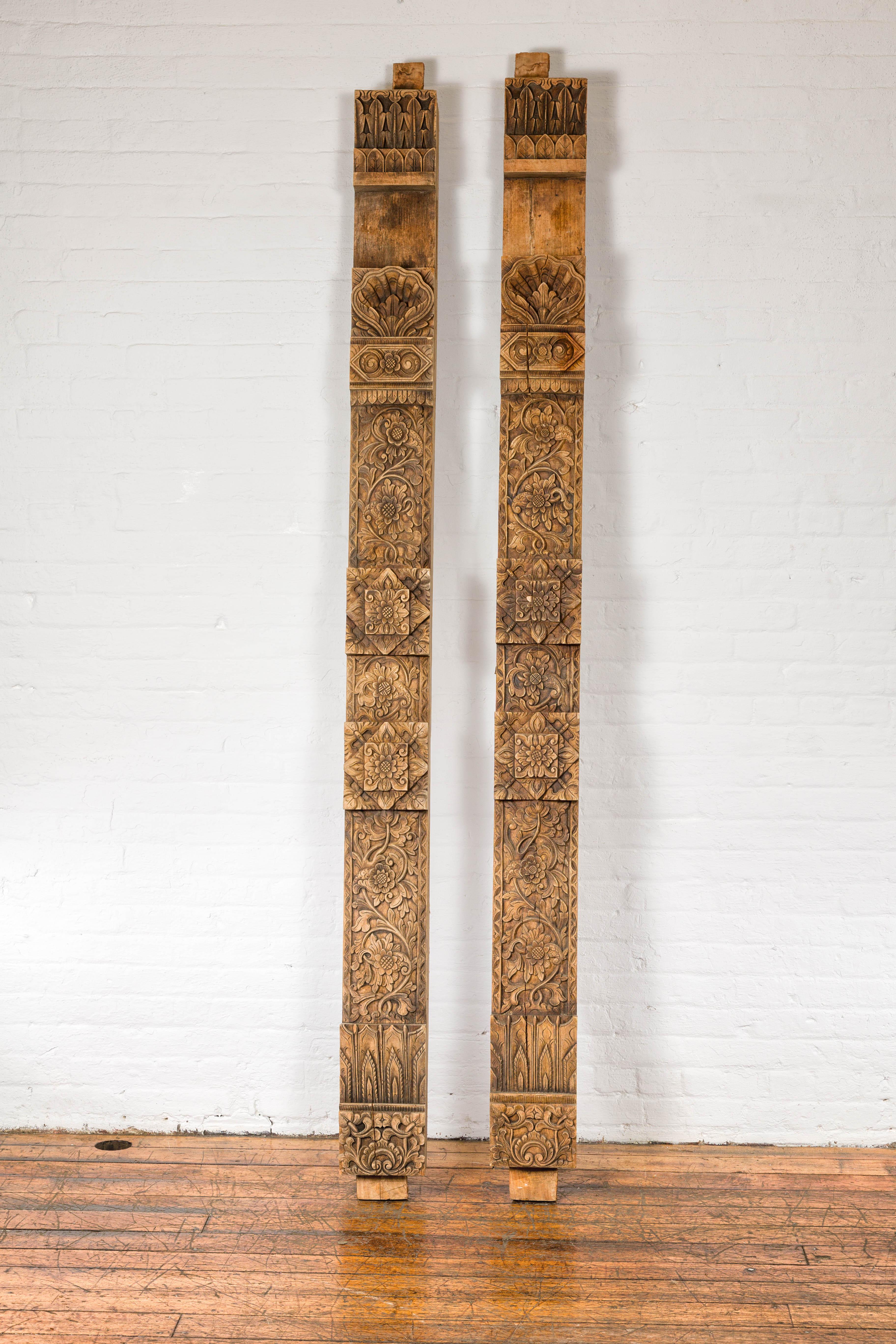 Thai Pair of Architectural Carved Panels with Hand-Carved Floral and Foliage Motifs For Sale