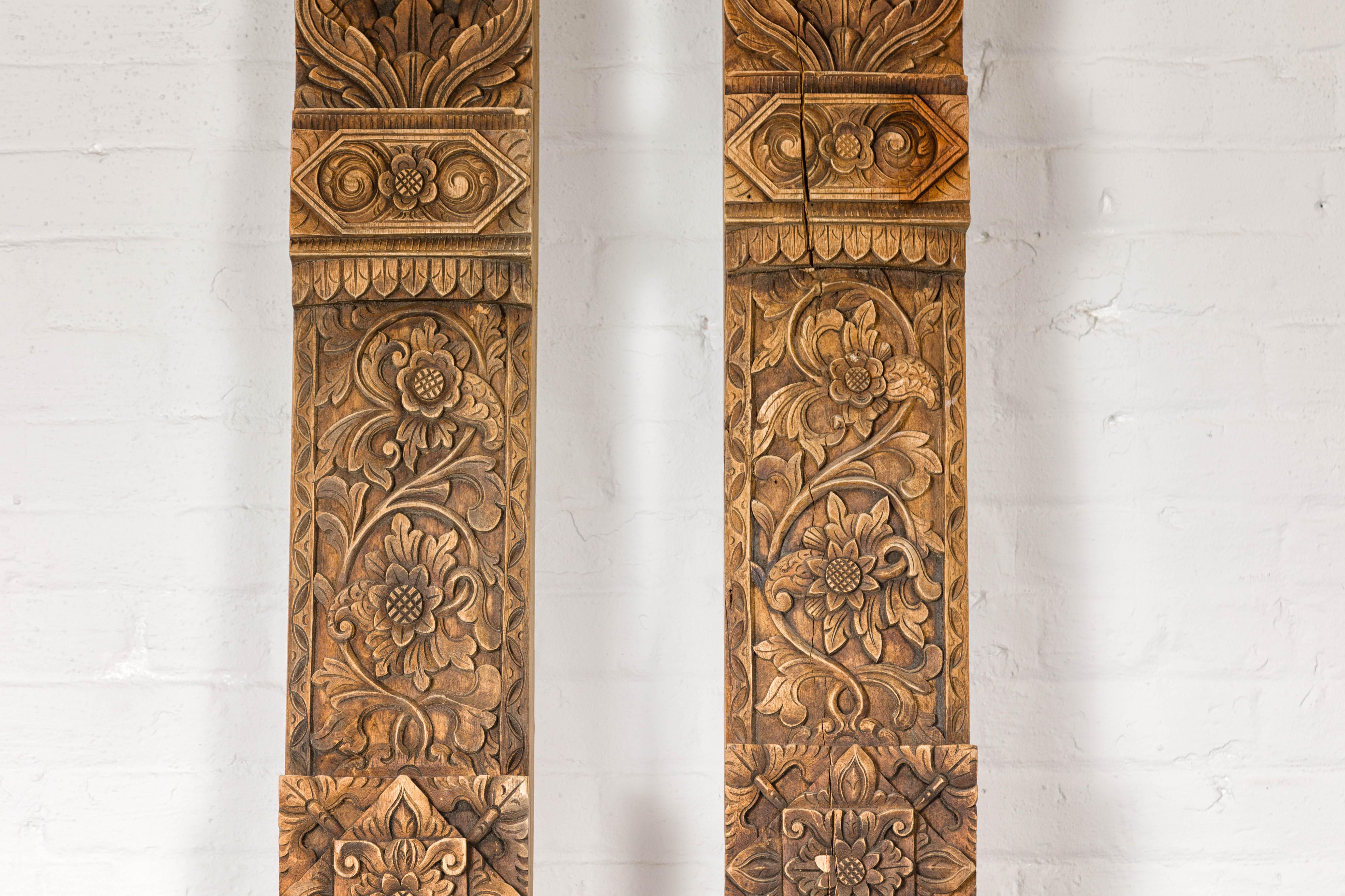 Wood Pair of Architectural Carved Panels with Hand-Carved Floral and Foliage Motifs For Sale