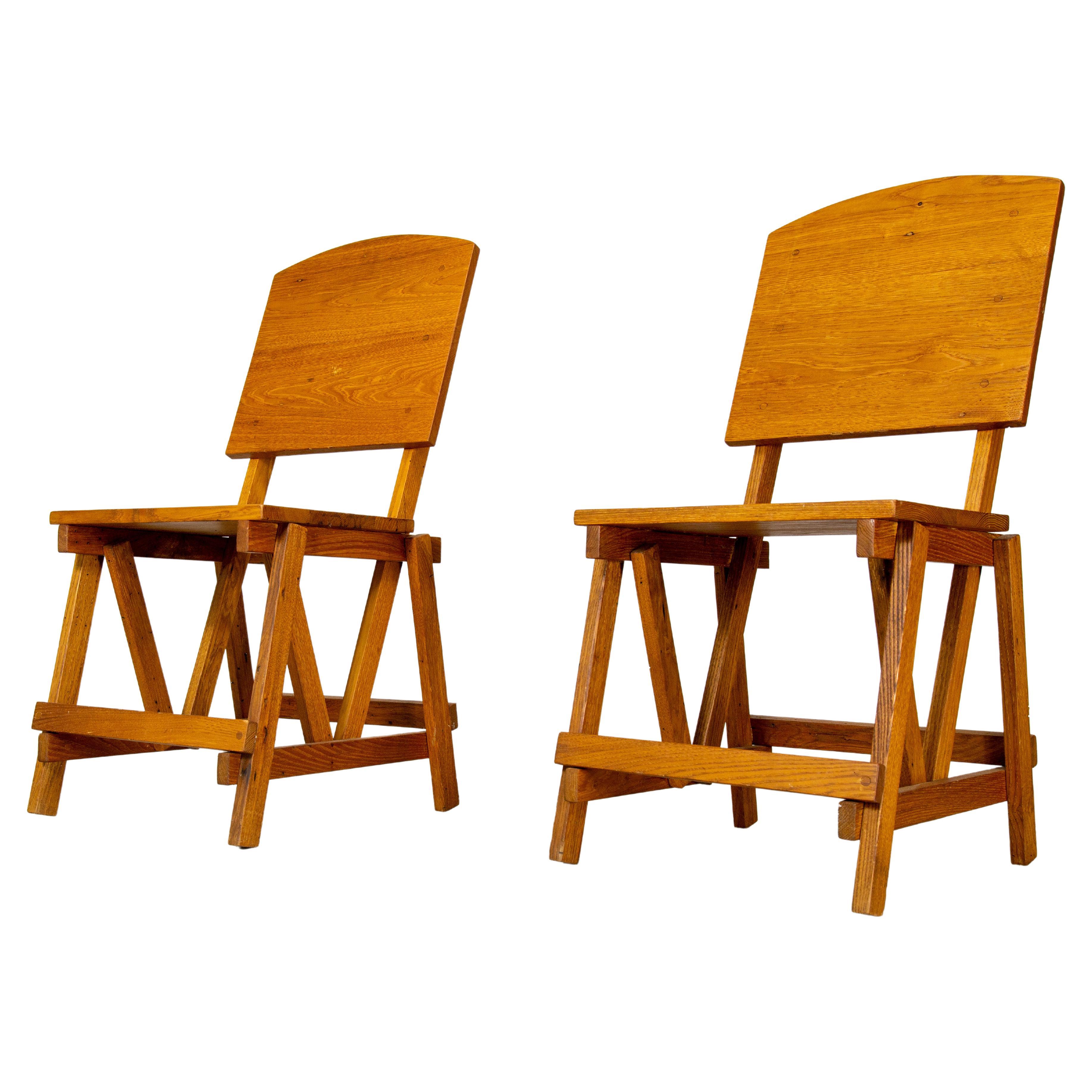 Pair of Architectural Constructivist Oak Chairs After Enzo Mari or Jean Touret