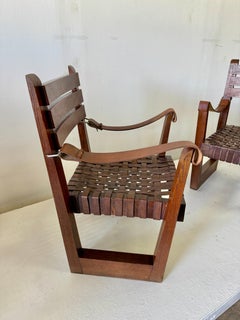 Pair of Architectural French Modernist Oak & Leather Chairs