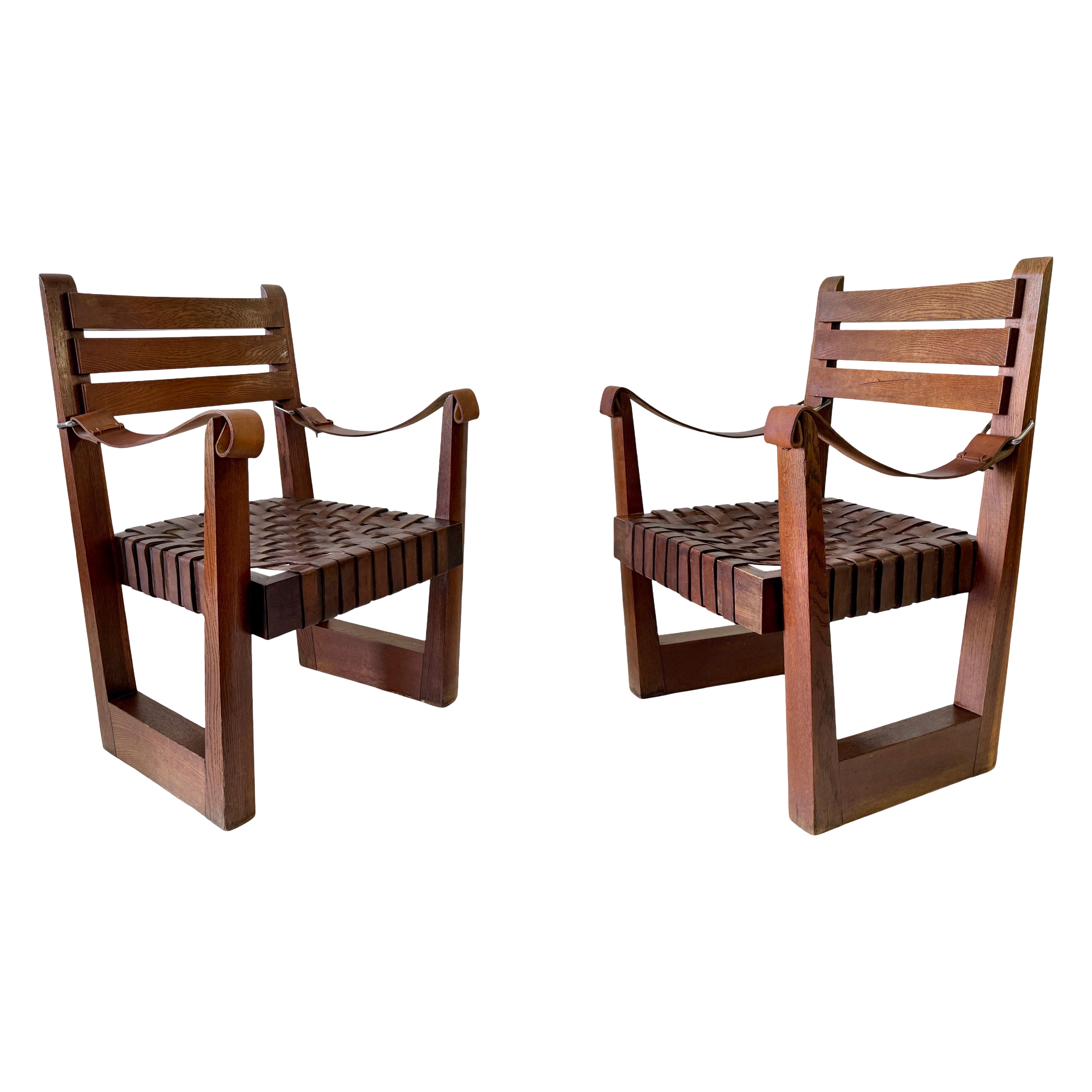 Pair of Leather and Wood Chairs Designed by Olivier De Schrijver