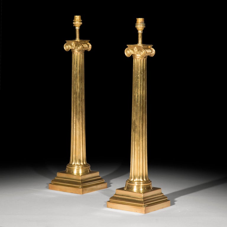 Pair of Architectural Greek Column Brass Lamps at 1stDibs
