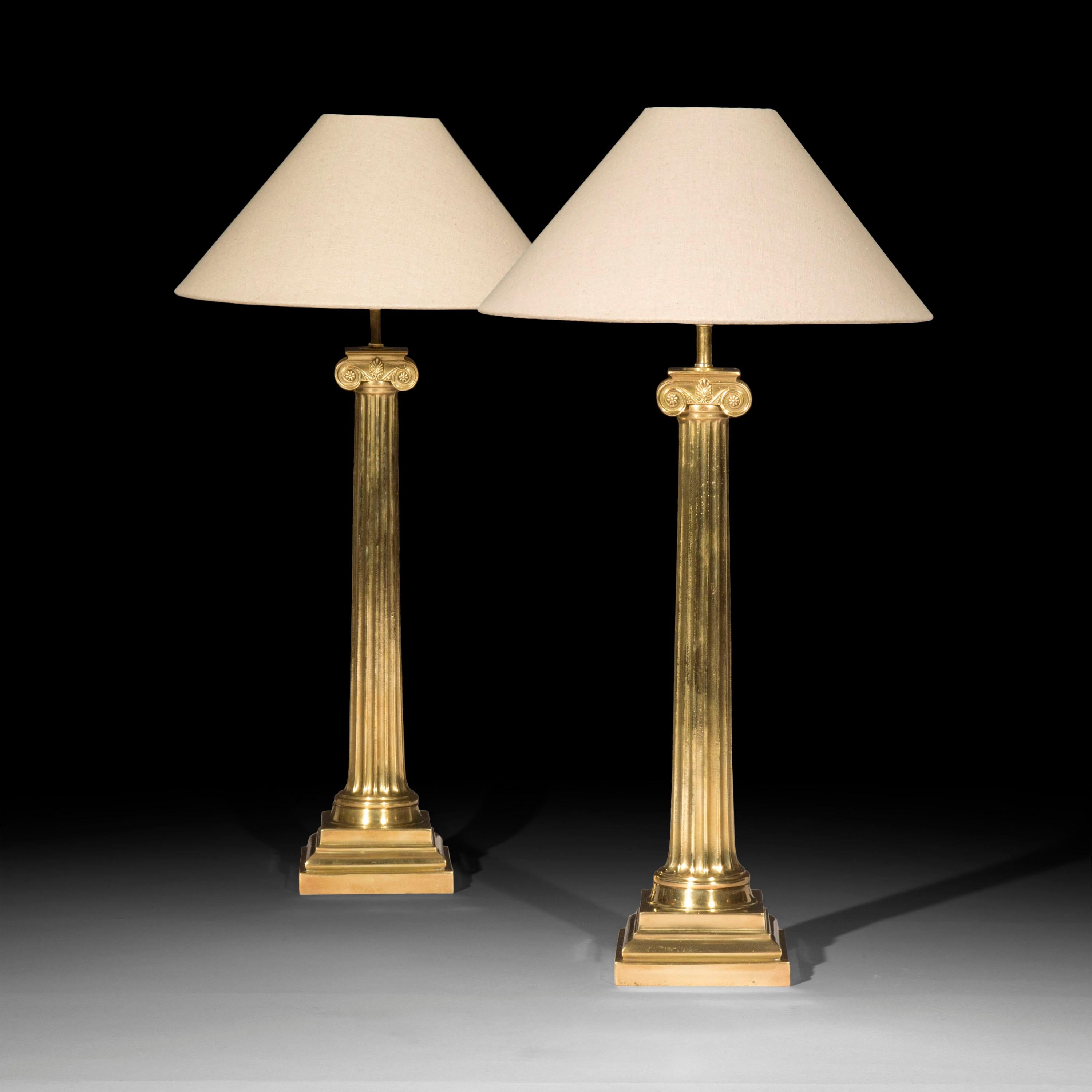 English Pair of Architectural Greek Column Brass Lamps