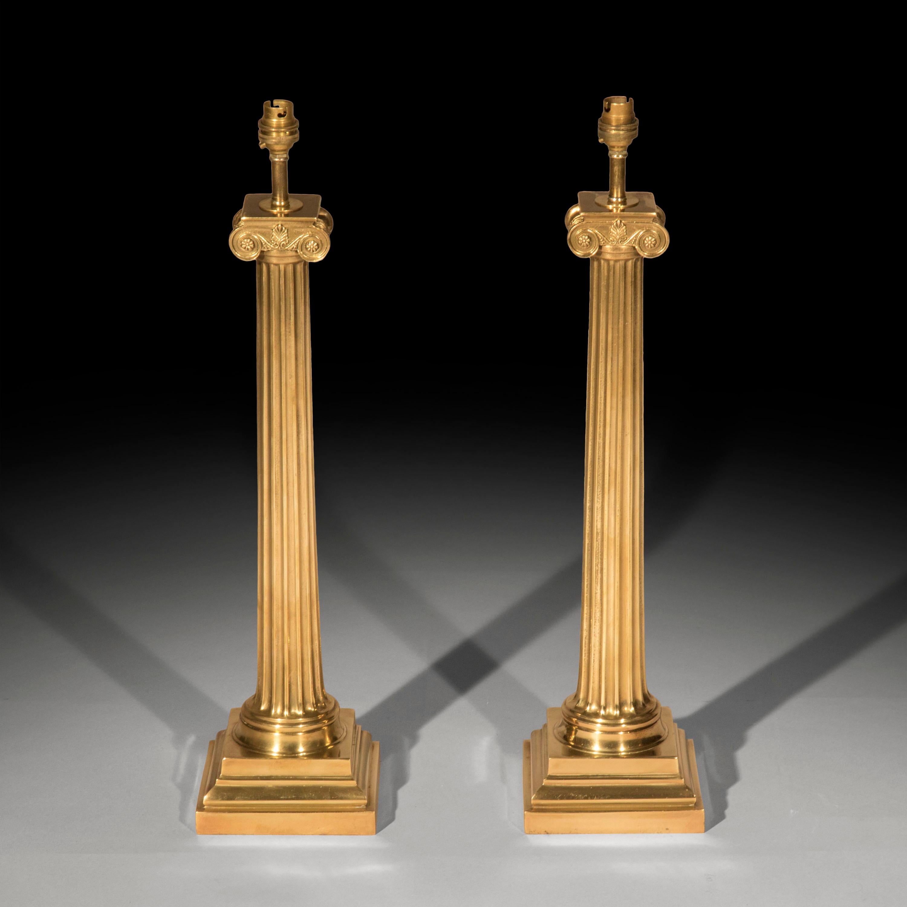 Pair of Architectural Greek Column Brass Lamps In Good Condition In Richmond, London