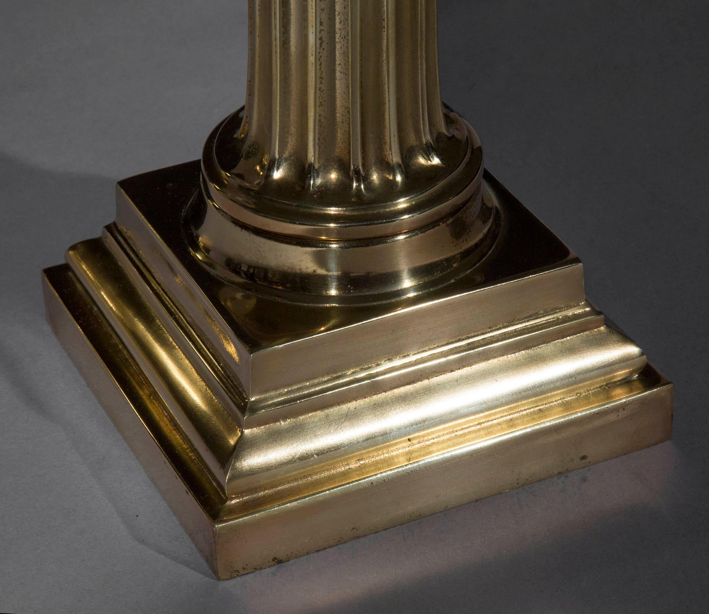 20th Century Pair of Architectural Greek Column Brass Lamps
