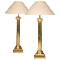 Pair of Architectural Greek Column Brass Lamps
